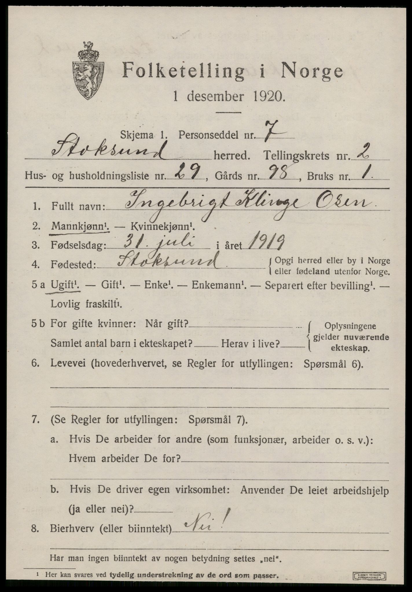 SAT, 1920 census for Stoksund, 1920, p. 1460