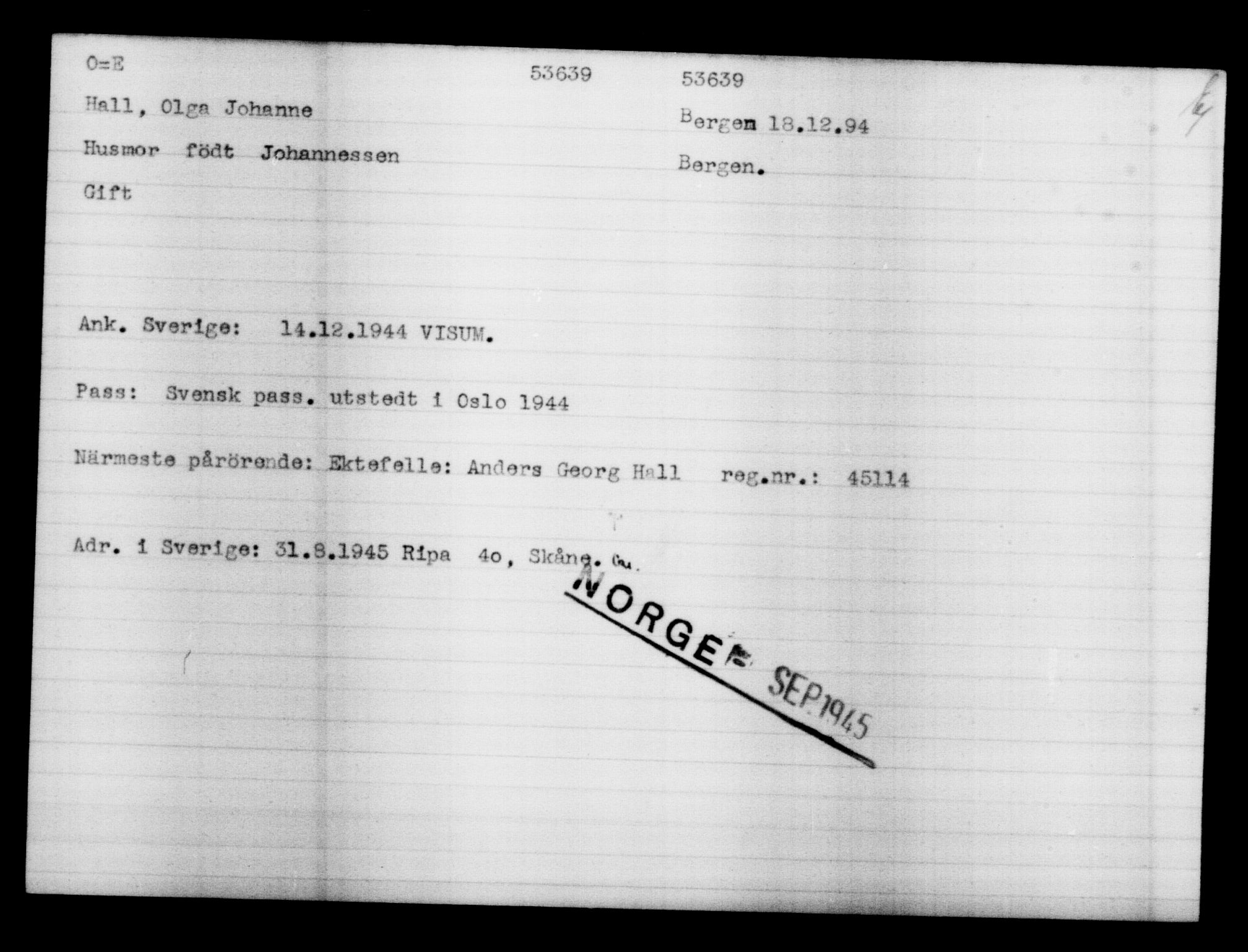 Utenriksstasjonene, Legasjonen i Stockholm, Flyktningkontoret, AV/RA-S-6753/V/Va/L0019: Kjesäterkartoteket, flyktninger med registreringsnr. 49600-55060, 1940-1945, p. 3102