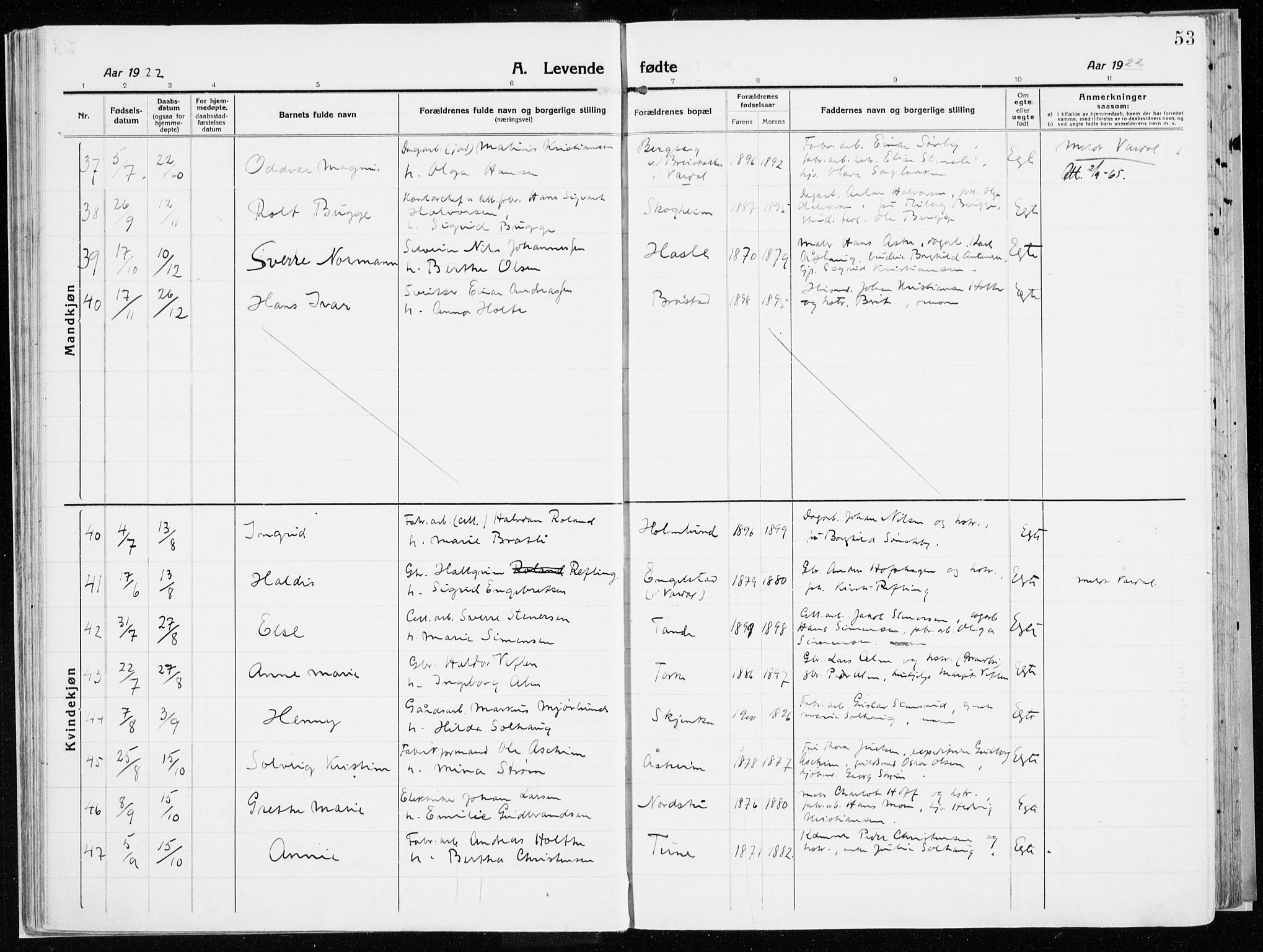 Vardal prestekontor, SAH/PREST-100/H/Ha/Haa/L0017: Parish register (official) no. 17, 1915-1929, p. 53