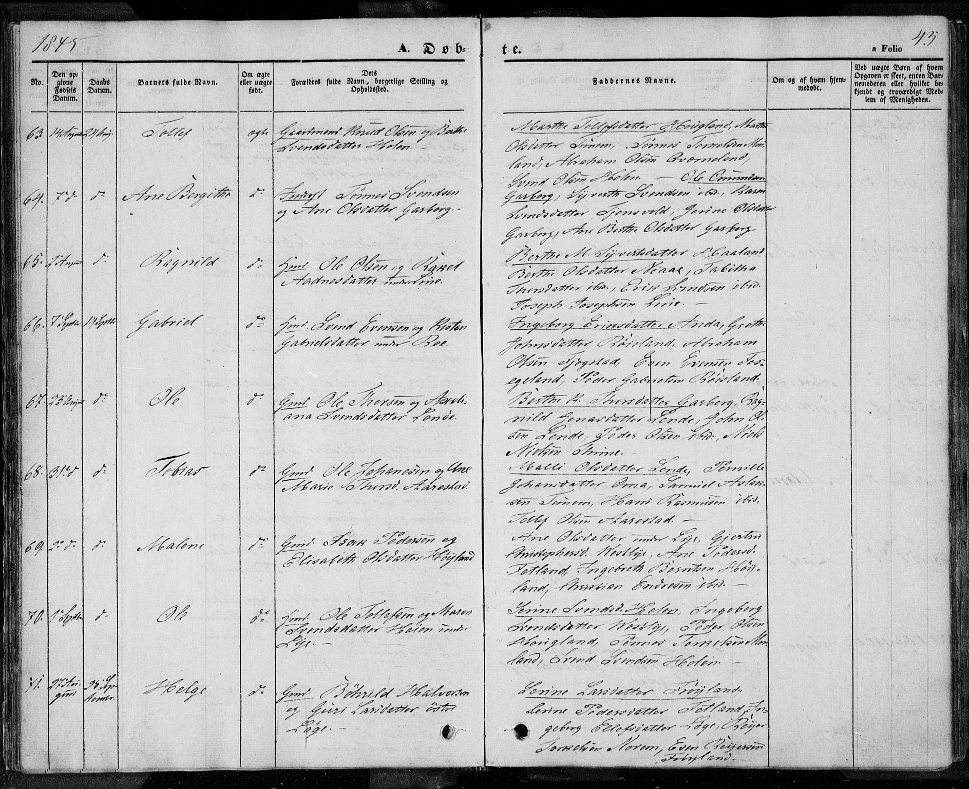 Lye sokneprestkontor, AV/SAST-A-101794/001/30BA/L0005: Parish register (official) no. A 5.1, 1842-1855, p. 43