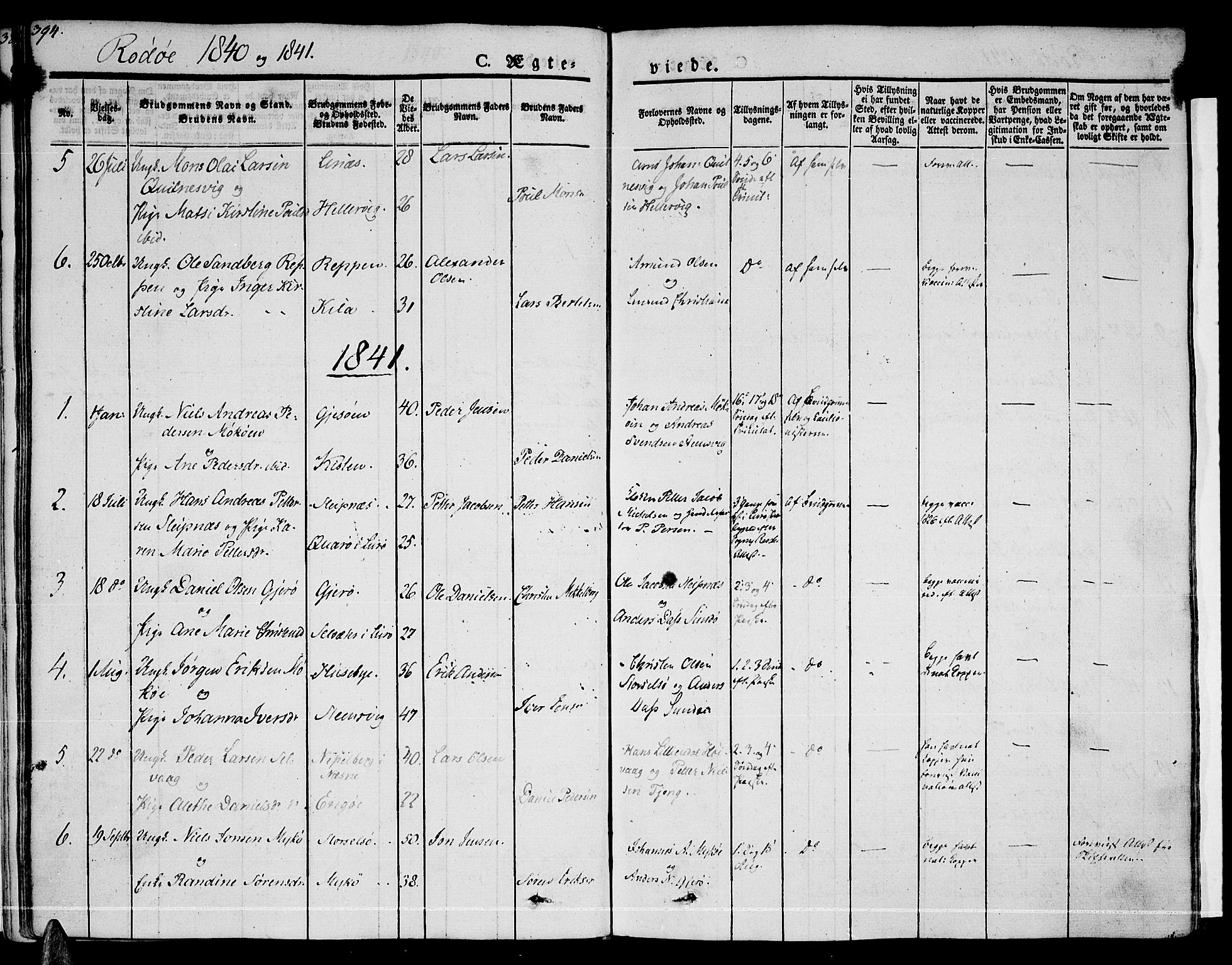 Ministerialprotokoller, klokkerbøker og fødselsregistre - Nordland, SAT/A-1459/841/L0600: Parish register (official) no. 841A07 /1, 1825-1844, p. 394