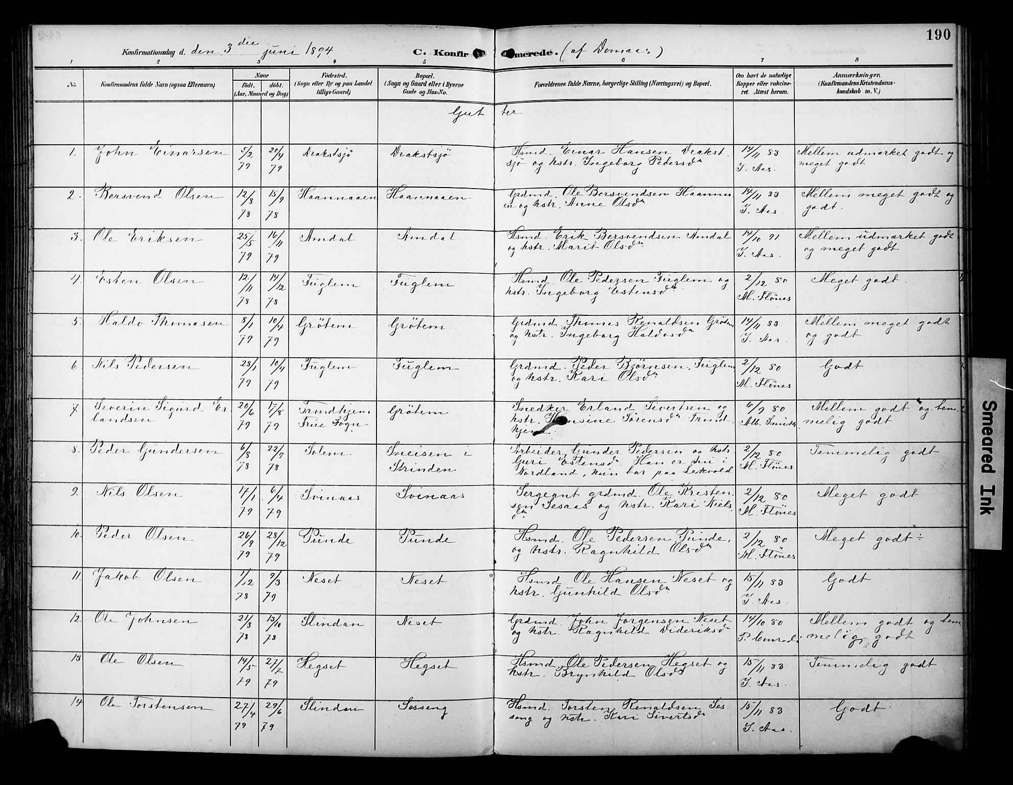 Ministerialprotokoller, klokkerbøker og fødselsregistre - Sør-Trøndelag, AV/SAT-A-1456/695/L1149: Parish register (official) no. 695A09, 1891-1902, p. 190