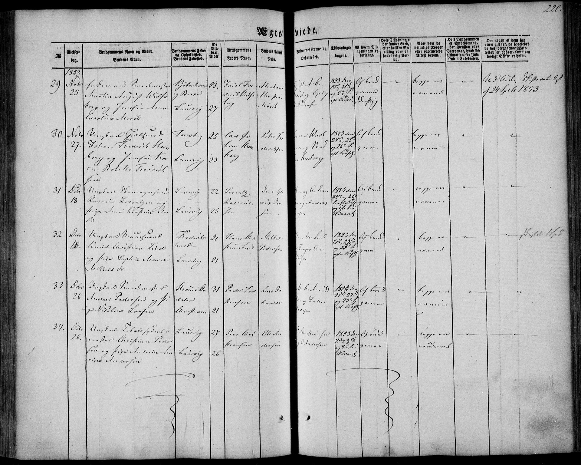 Larvik kirkebøker, AV/SAKO-A-352/F/Fa/L0003: Parish register (official) no. I 3, 1848-1856, p. 220