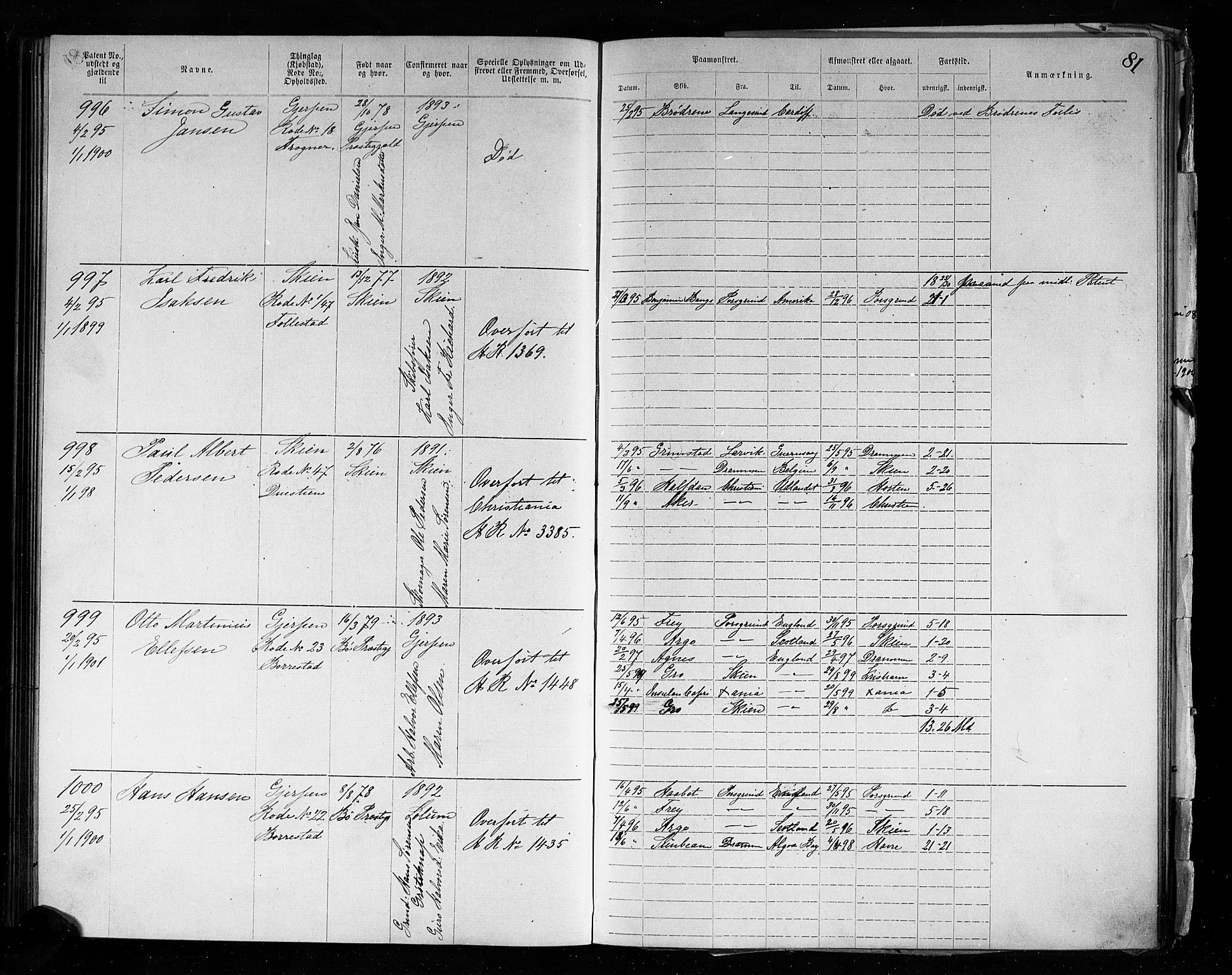 Skien innrulleringskontor, AV/SAKO-A-832/F/Fc/L0004: Annotasjonsrulle, 1879-1899, p. 84