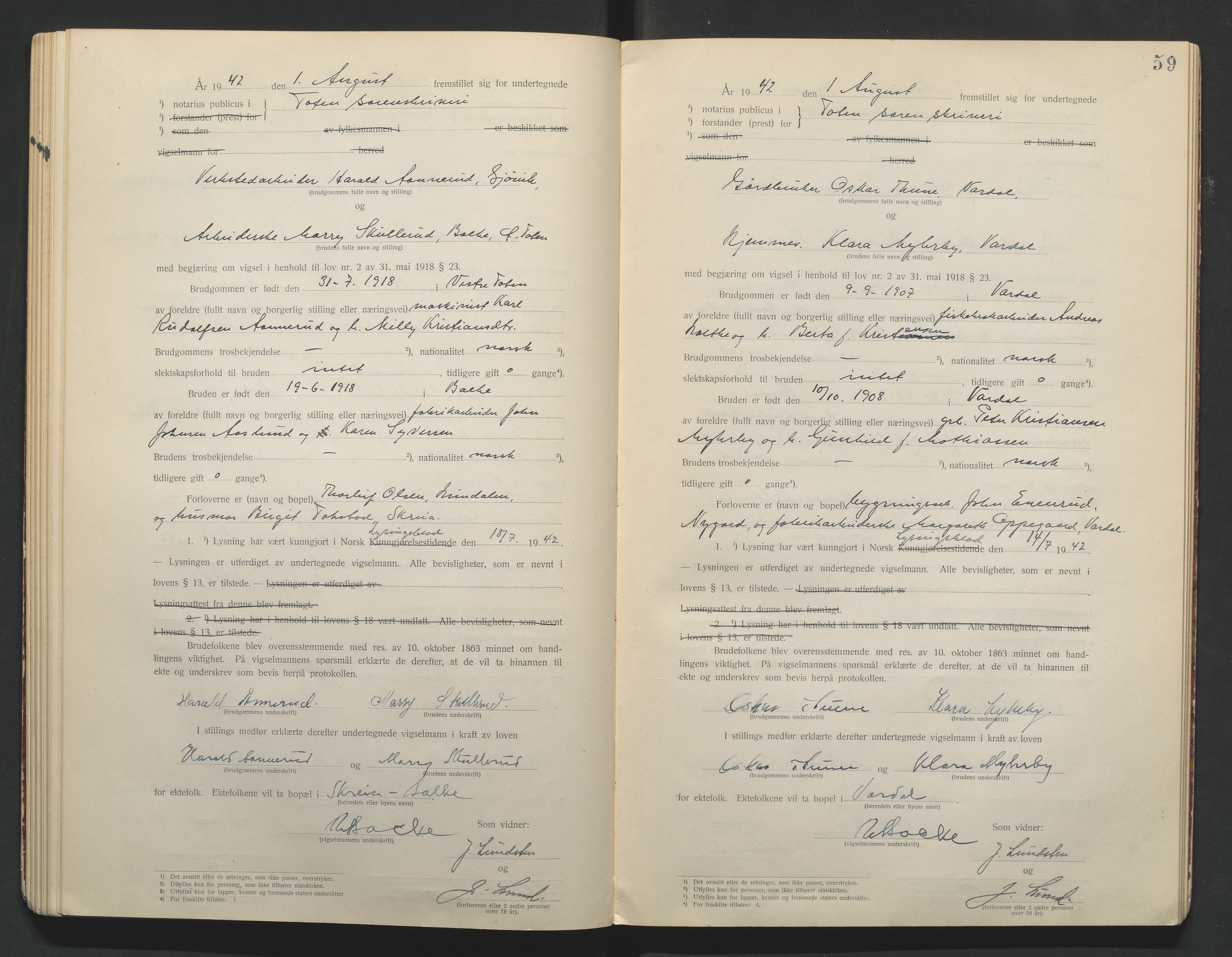 Toten tingrett, AV/SAH-TING-006/L/Lc/L0001: Vigselbok, 1920-1942, p. 59