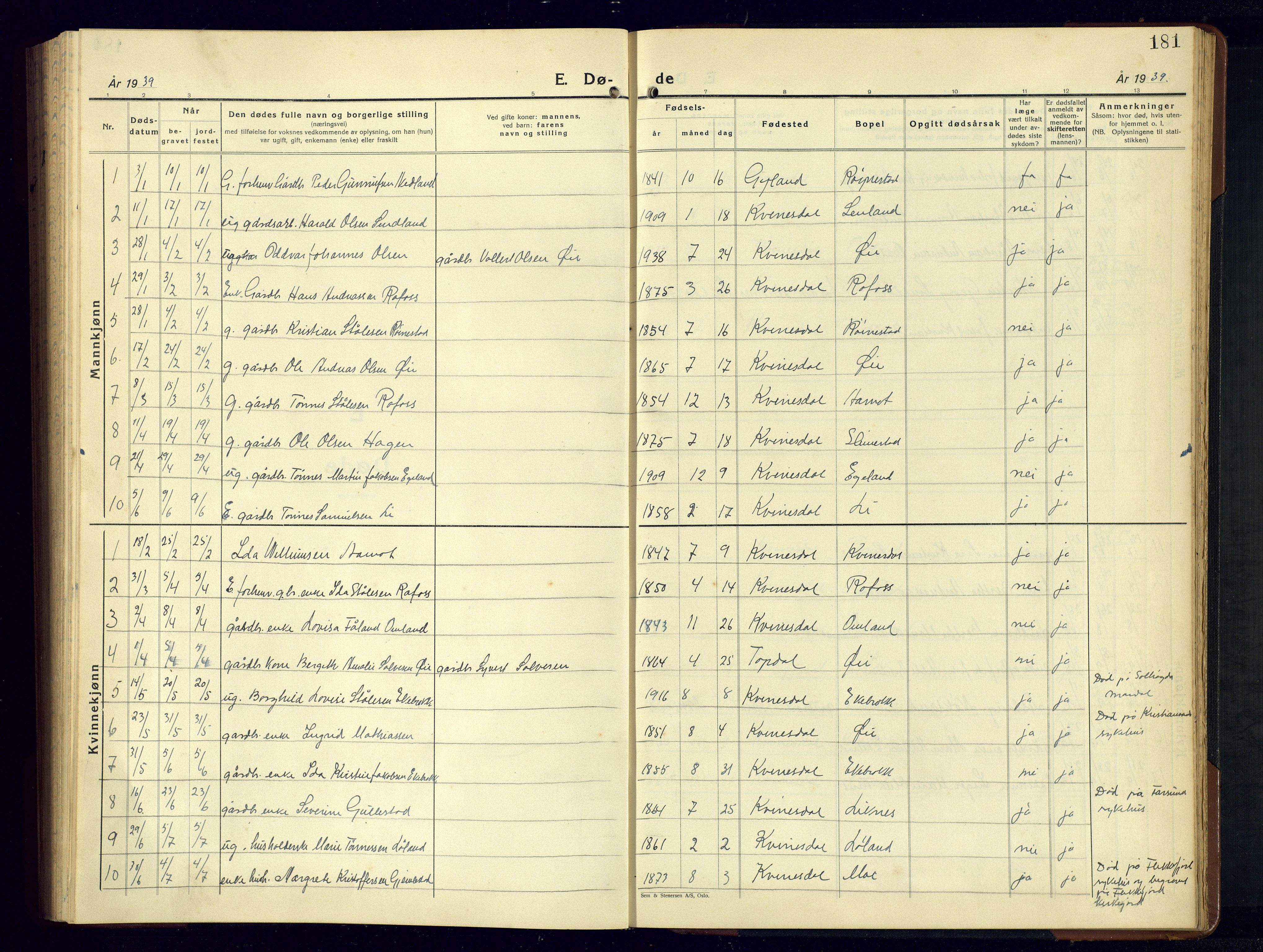 Kvinesdal sokneprestkontor, SAK/1111-0026/F/Fb/Fbb/L0005: Parish register (copy) no. B 5, 1939-1956, p. 181