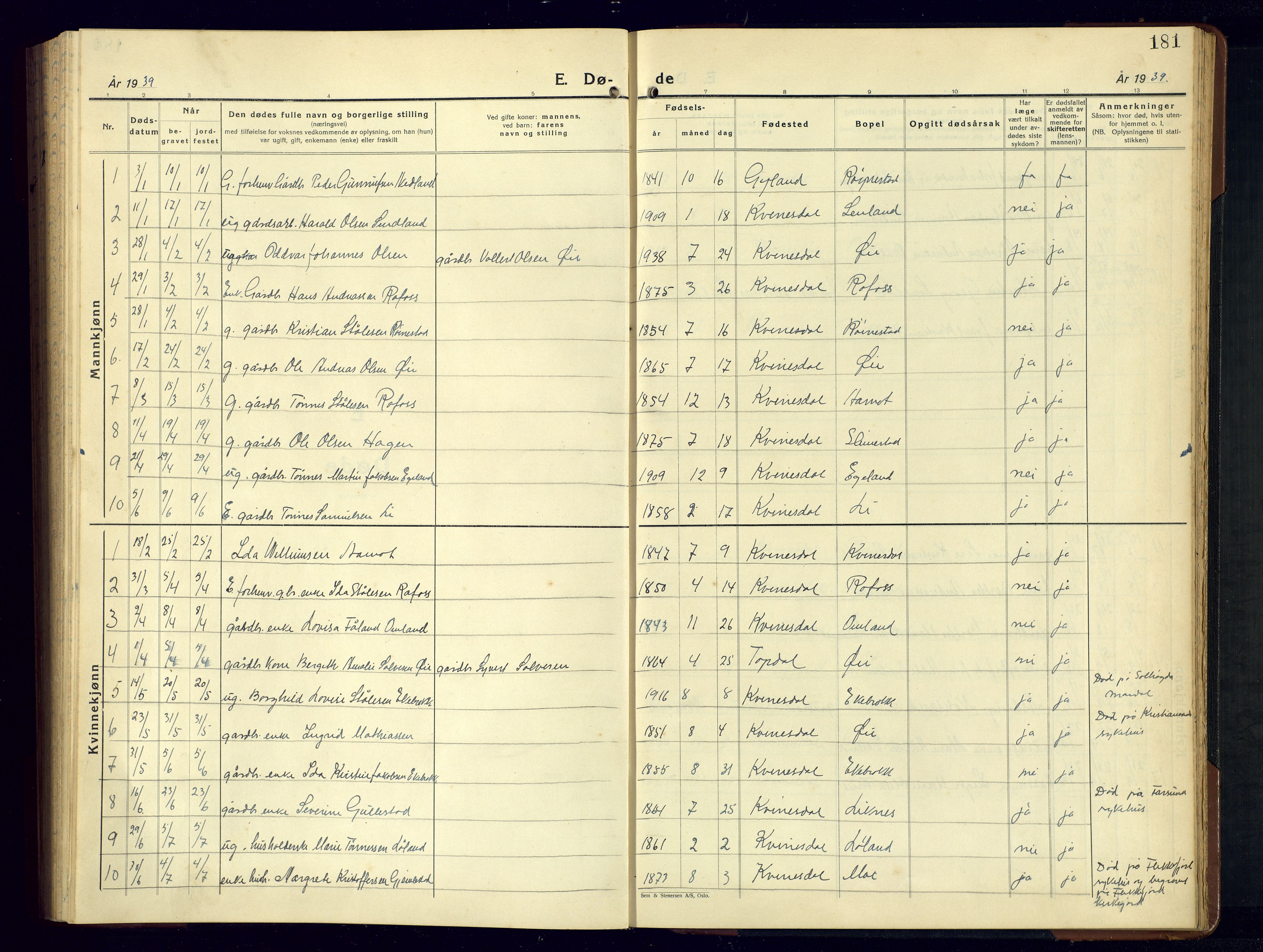 Kvinesdal sokneprestkontor, AV/SAK-1111-0026/F/Fb/Fbb/L0005: Parish register (copy) no. B 5, 1939-1956, p. 181