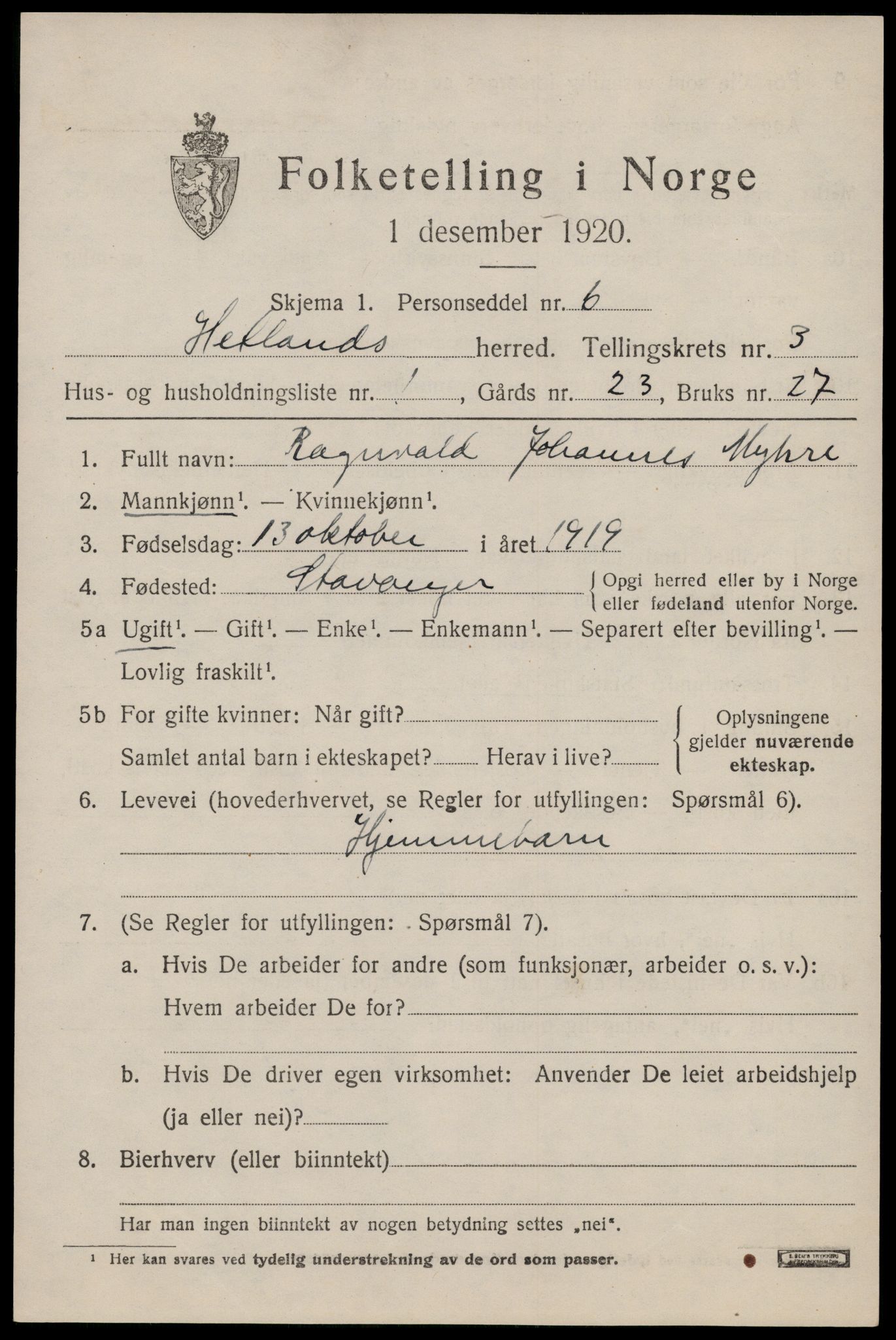 SAST, 1920 census for Hetland, 1920, p. 5219