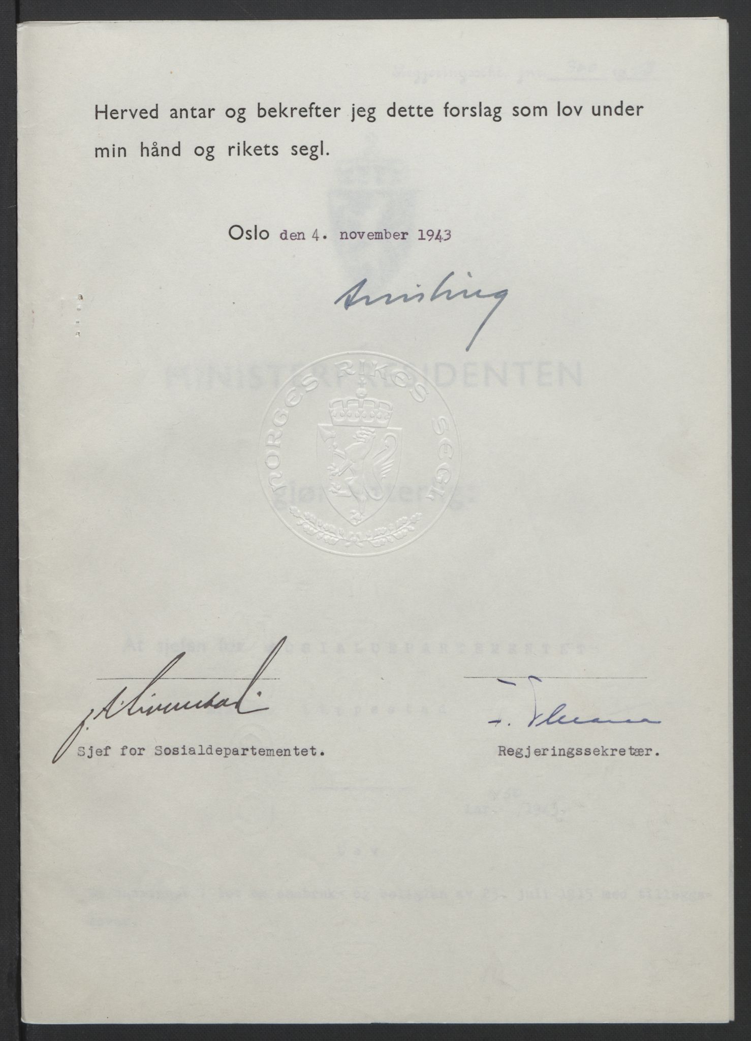NS-administrasjonen 1940-1945 (Statsrådsekretariatet, de kommisariske statsråder mm), RA/S-4279/D/Db/L0099: Lover, 1943, p. 711