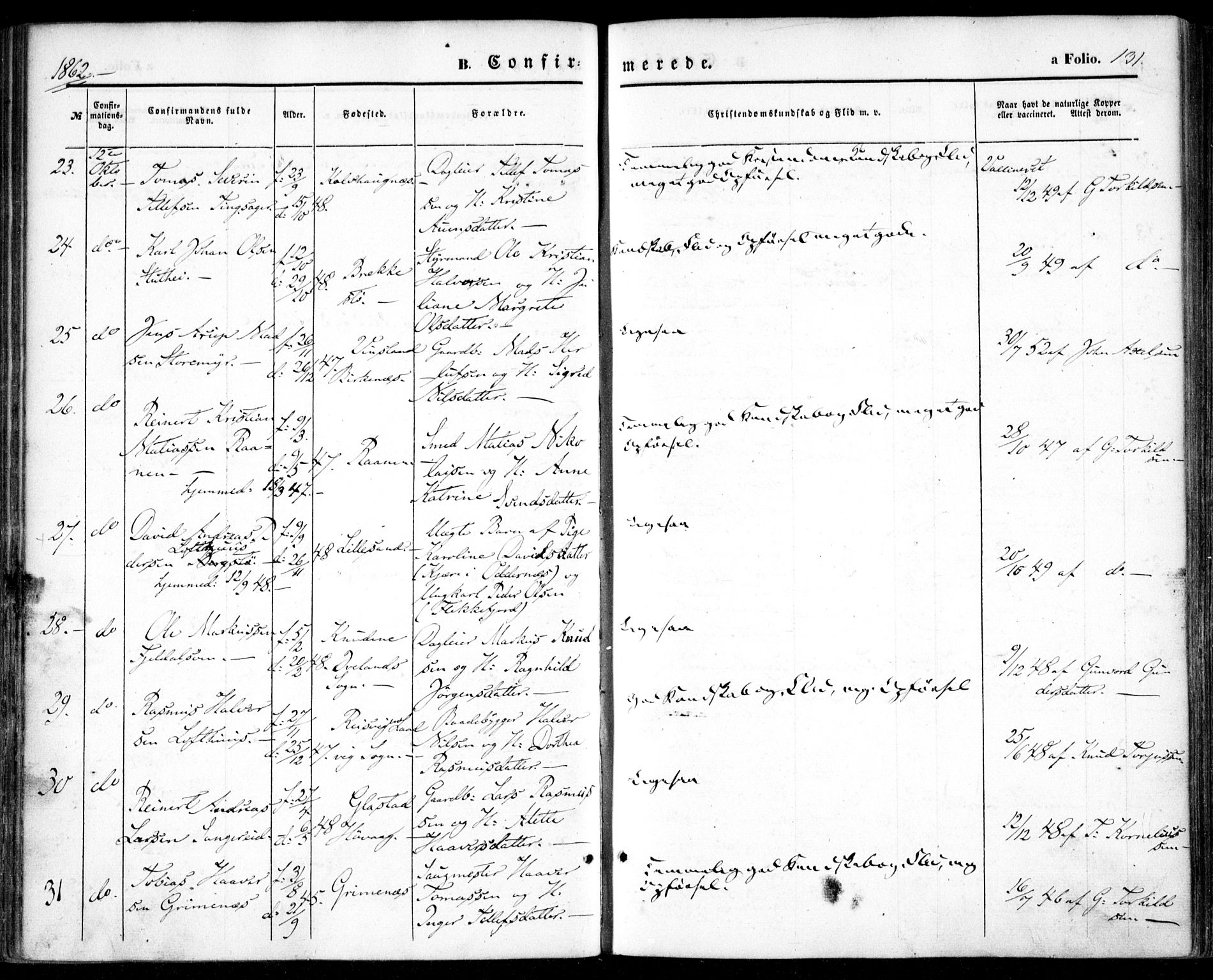 Vestre Moland sokneprestkontor, SAK/1111-0046/F/Fa/Fab/L0007: Parish register (official) no. A 7, 1859-1872, p. 131