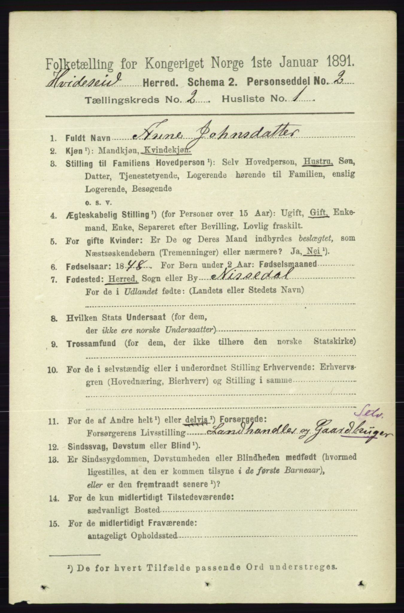 RA, 1891 census for 0829 Kviteseid, 1891, p. 293