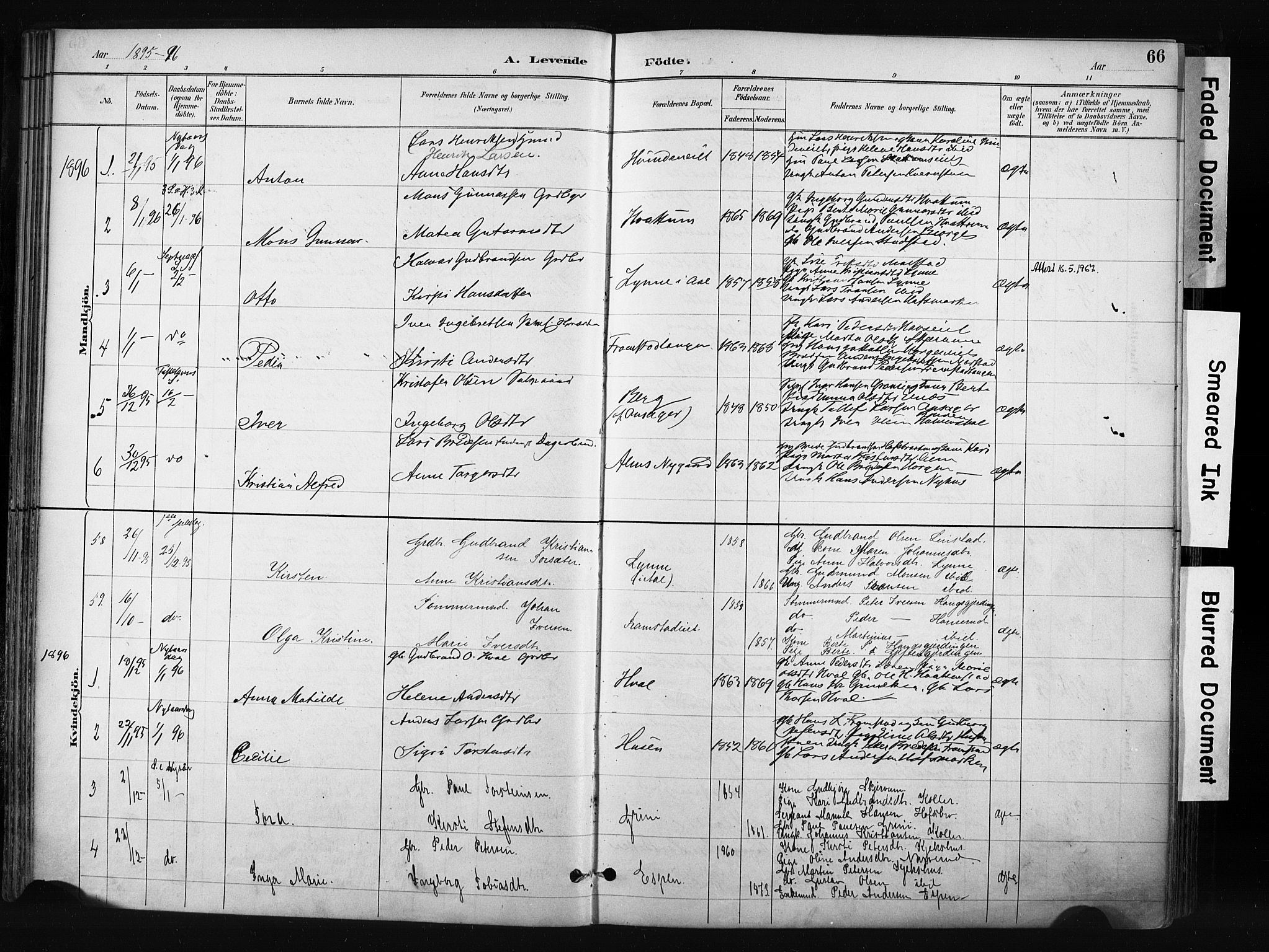 Gran prestekontor, SAH/PREST-112/H/Ha/Haa/L0017: Parish register (official) no. 17, 1889-1897, p. 66