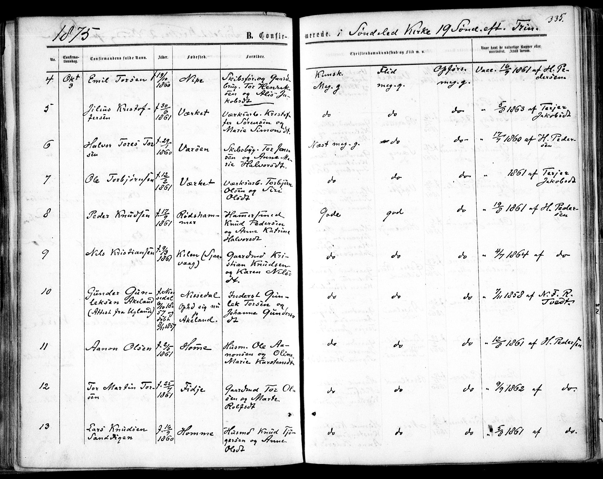 Søndeled sokneprestkontor, AV/SAK-1111-0038/F/Fa/L0003: Parish register (official) no. A 3, 1861-1879, p. 335