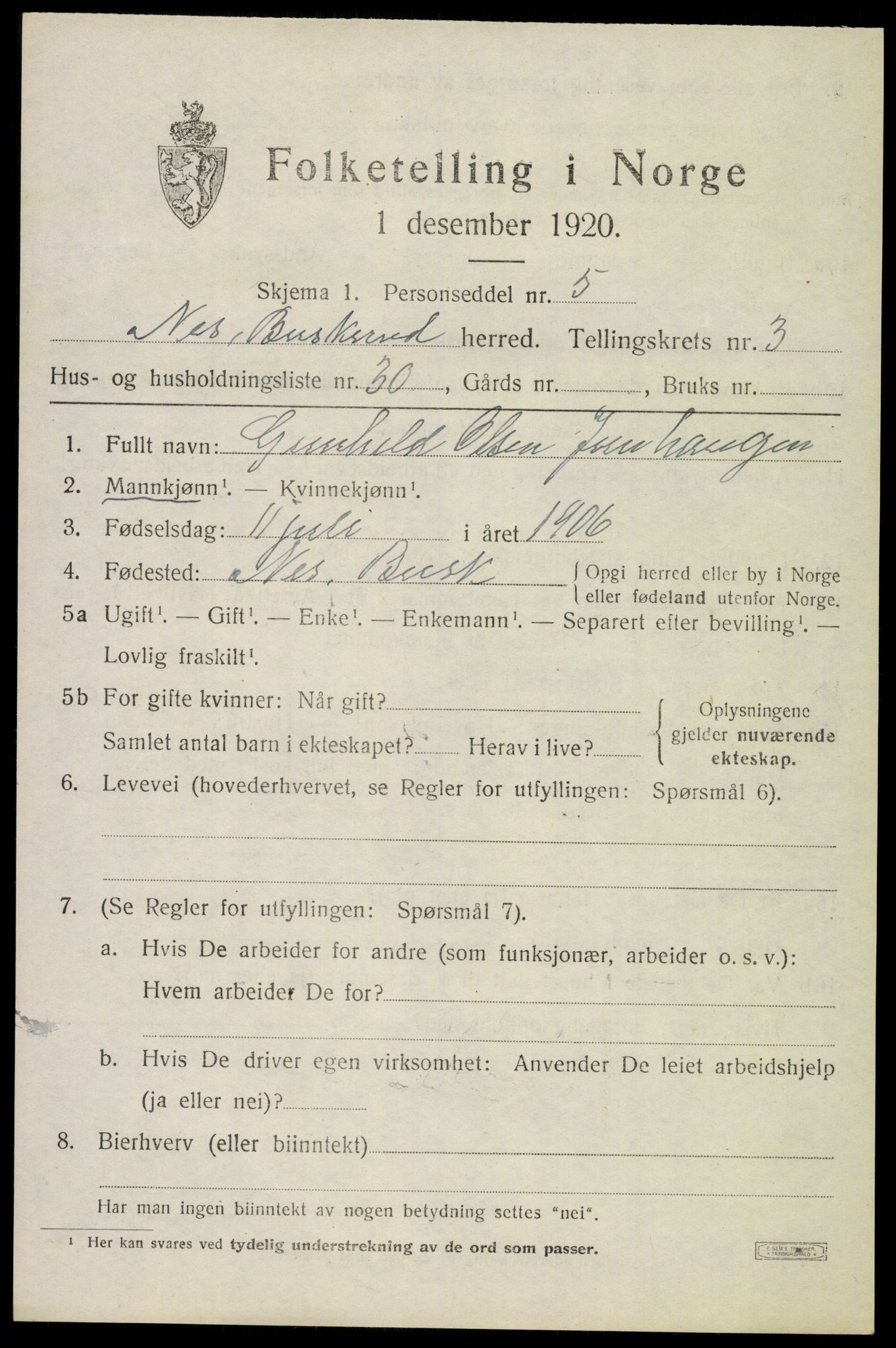 SAKO, 1920 census for Nes (Buskerud), 1920, p. 1908