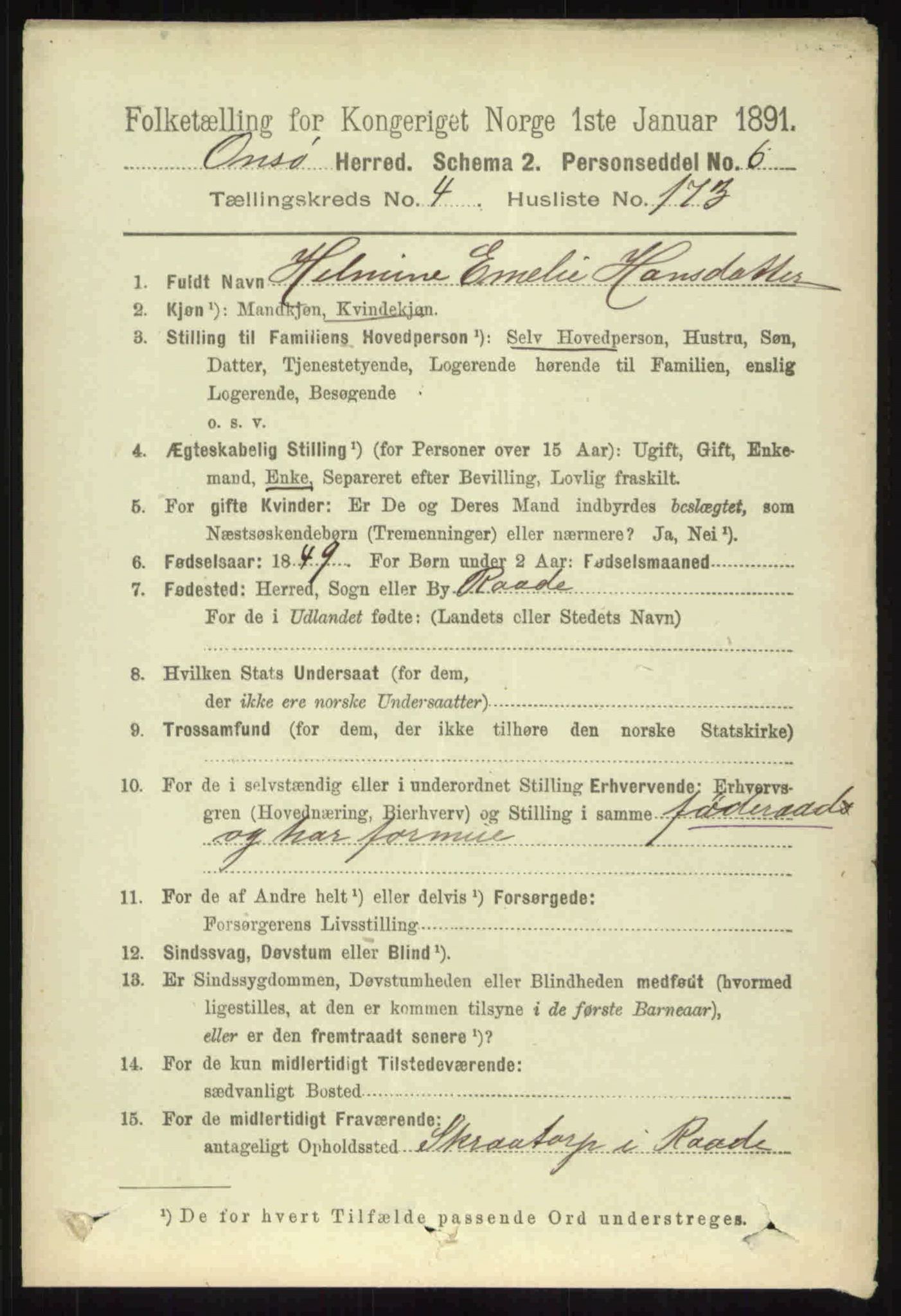 RA, 1891 census for 0134 Onsøy, 1891, p. 3701