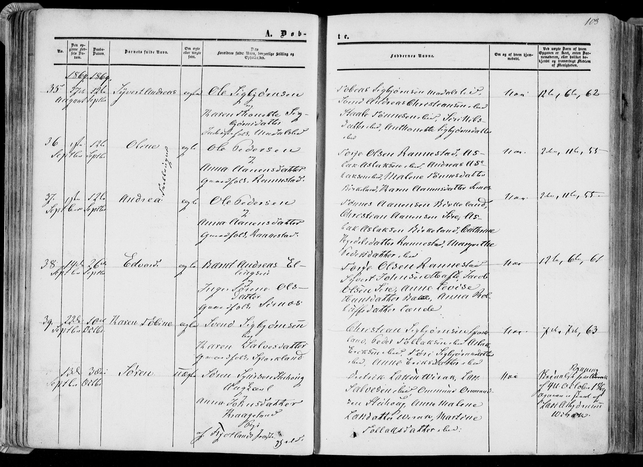 Bakke sokneprestkontor, SAK/1111-0002/F/Fa/Faa/L0006: Parish register (official) no. A 6, 1855-1877, p. 103