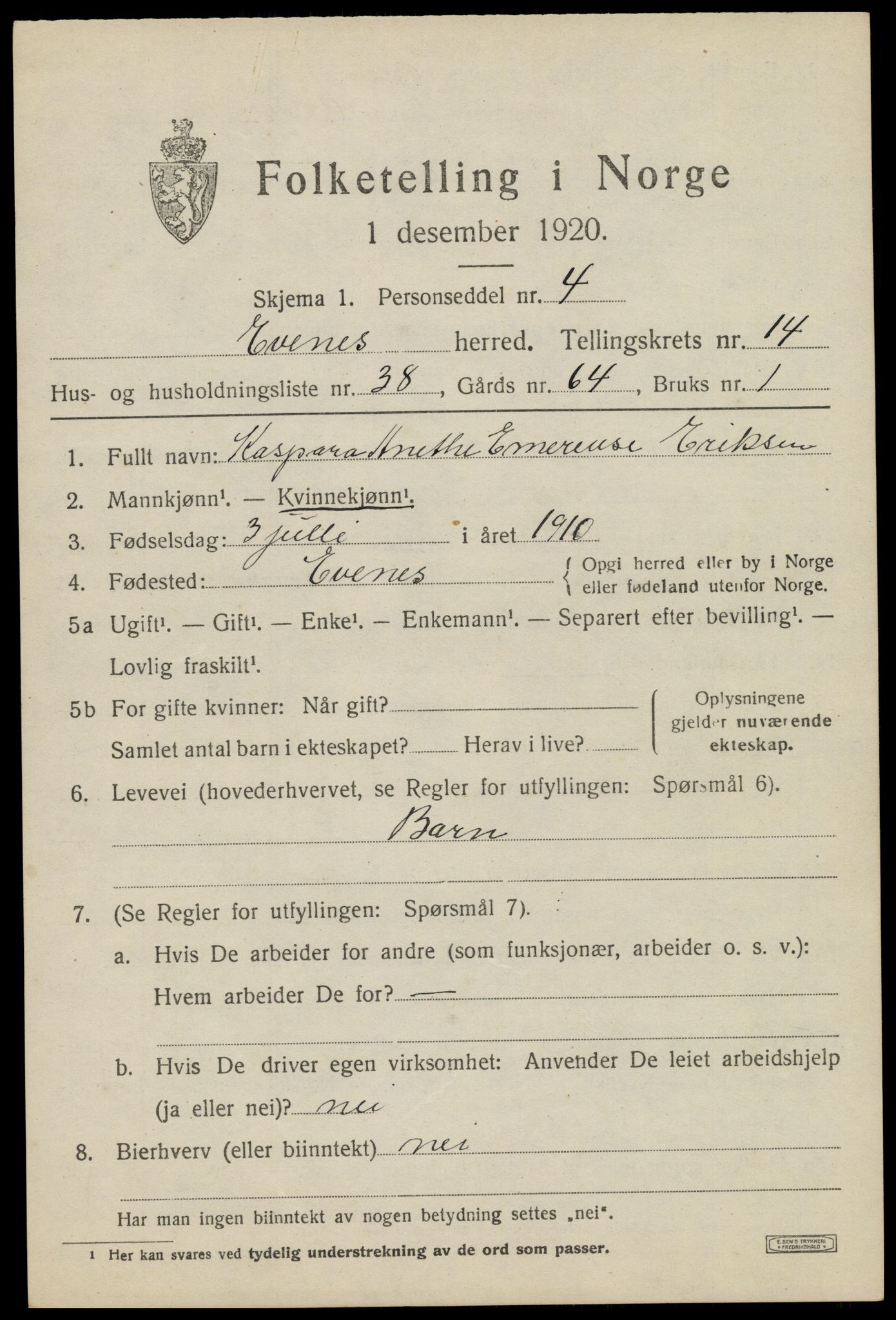 SAT, 1920 census for Evenes, 1920, p. 12652