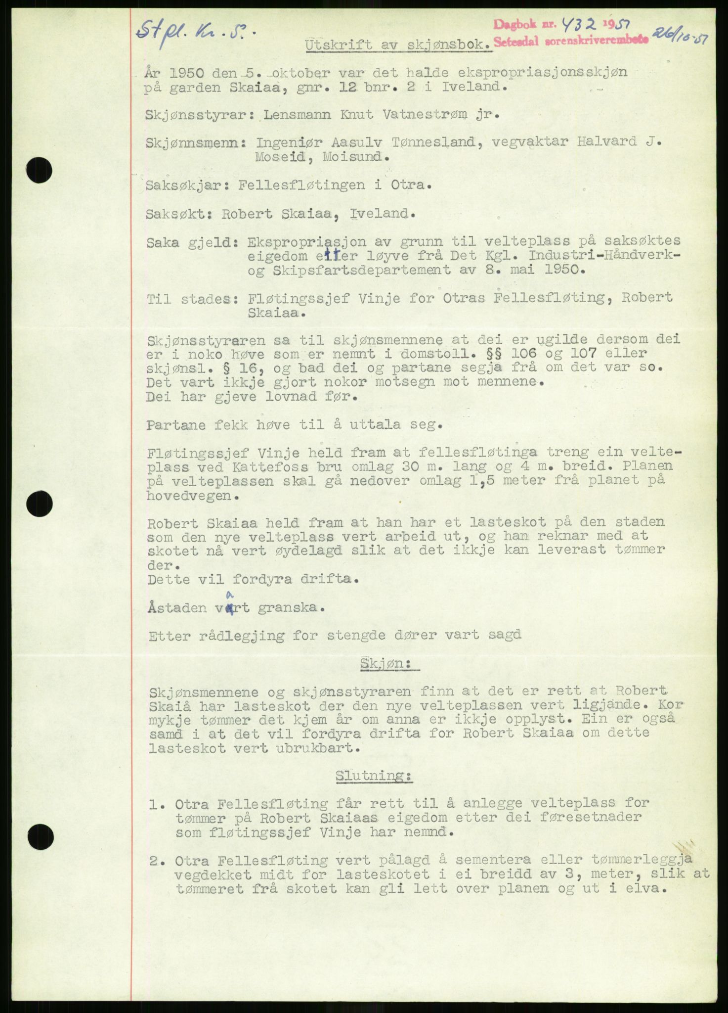 Setesdal sorenskriveri, SAK/1221-0011/G/Gb/L0050: Mortgage book no. B 38, 1949-1952, Diary no: : 432/1951