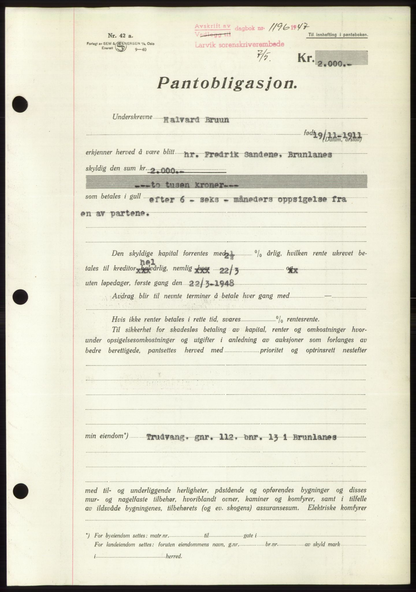Larvik sorenskriveri, AV/SAKO-A-83/G/Ga/Gac/L0012: Mortgage book no. B-12, 1947-1947, Diary no: : 1196/1947