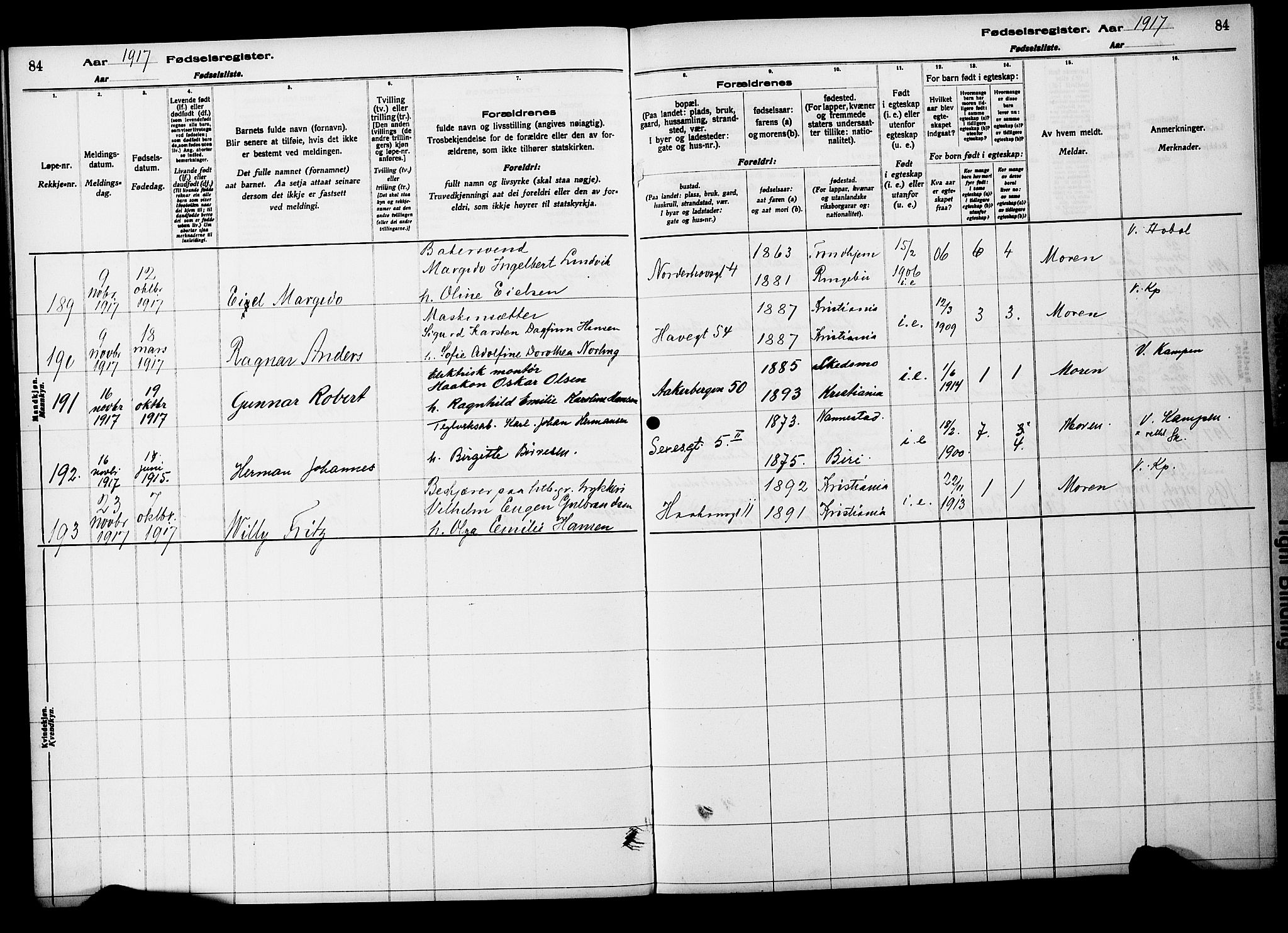 Kampen prestekontor Kirkebøker, AV/SAO-A-10853/J/Ja/L0001: Birth register no. 1, 1916-1920, p. 84