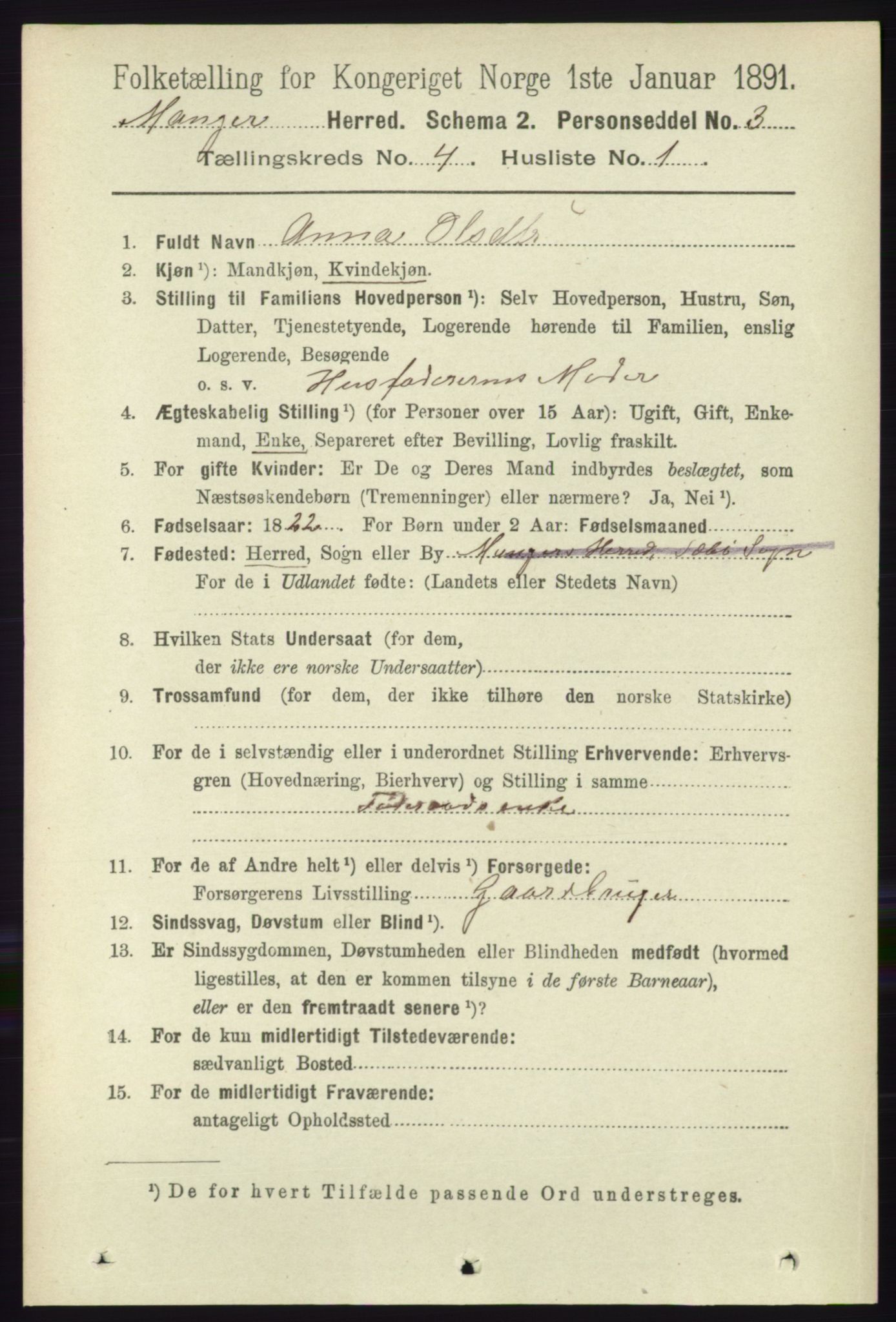 RA, 1891 census for 1261 Manger, 1891, p. 1953