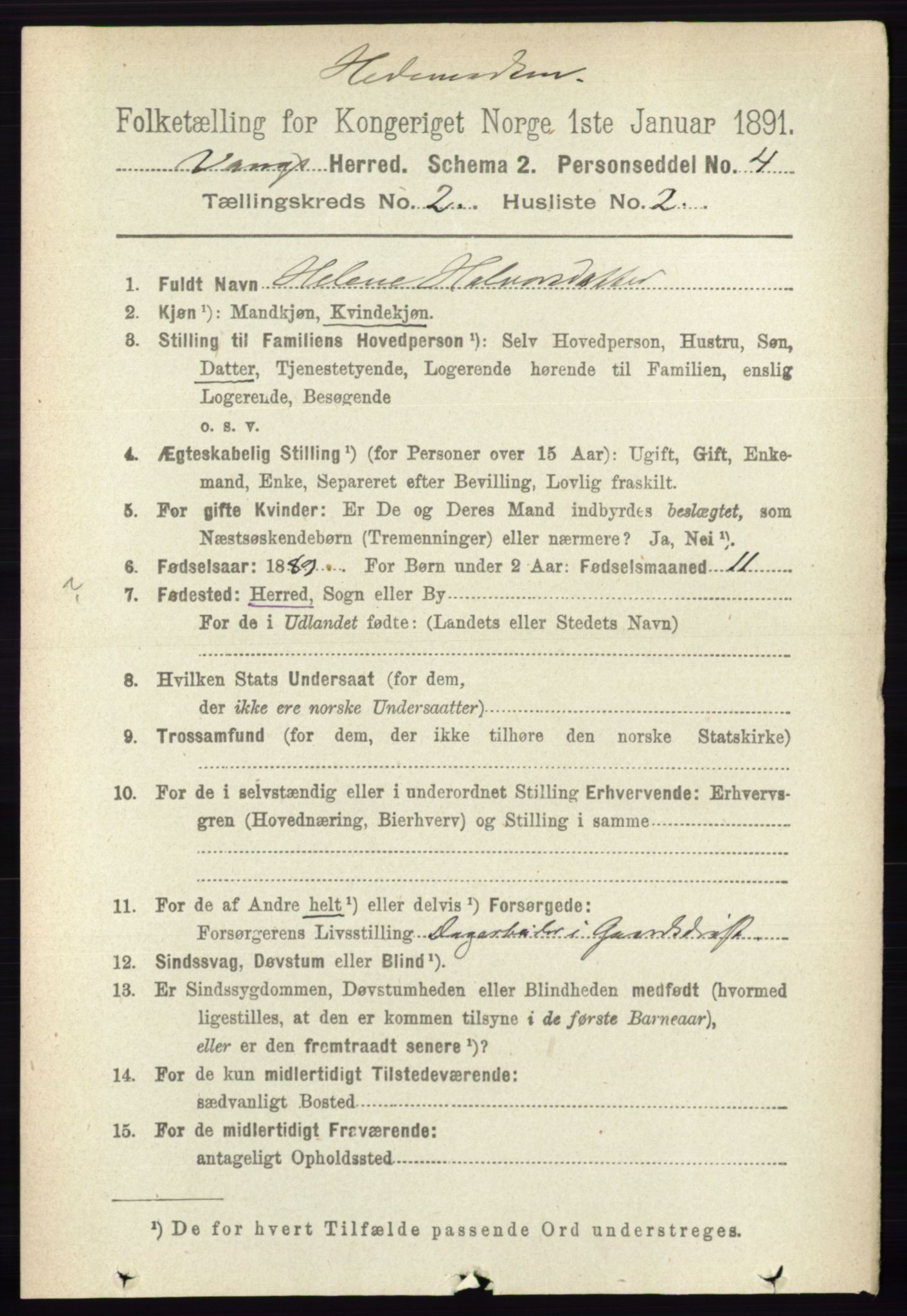 RA, 1891 census for 0414 Vang, 1891, p. 1046