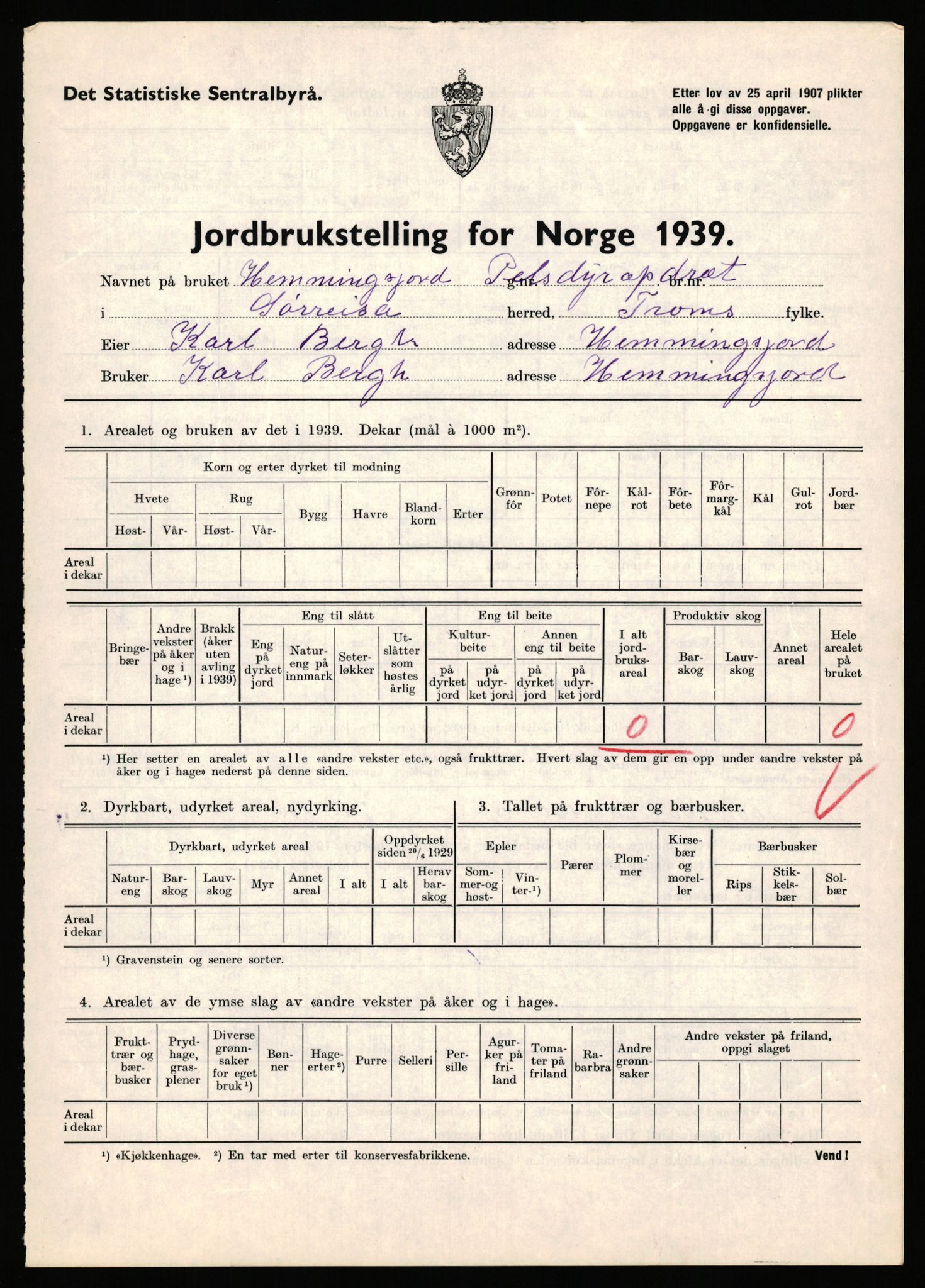 Statistisk sentralbyrå, Næringsøkonomiske emner, Jordbruk, skogbruk, jakt, fiske og fangst, AV/RA-S-2234/G/Gb/L0341: Troms: Sørreisa og Tranøy, 1939, p. 23