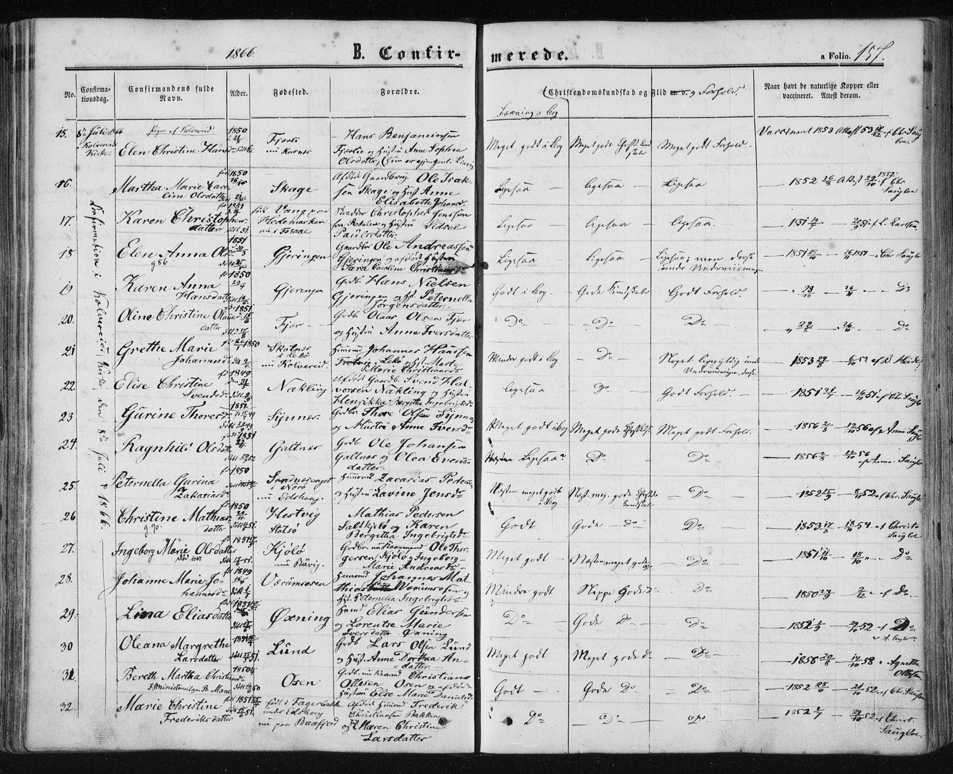 Ministerialprotokoller, klokkerbøker og fødselsregistre - Nord-Trøndelag, SAT/A-1458/780/L0641: Parish register (official) no. 780A06, 1857-1874, p. 157