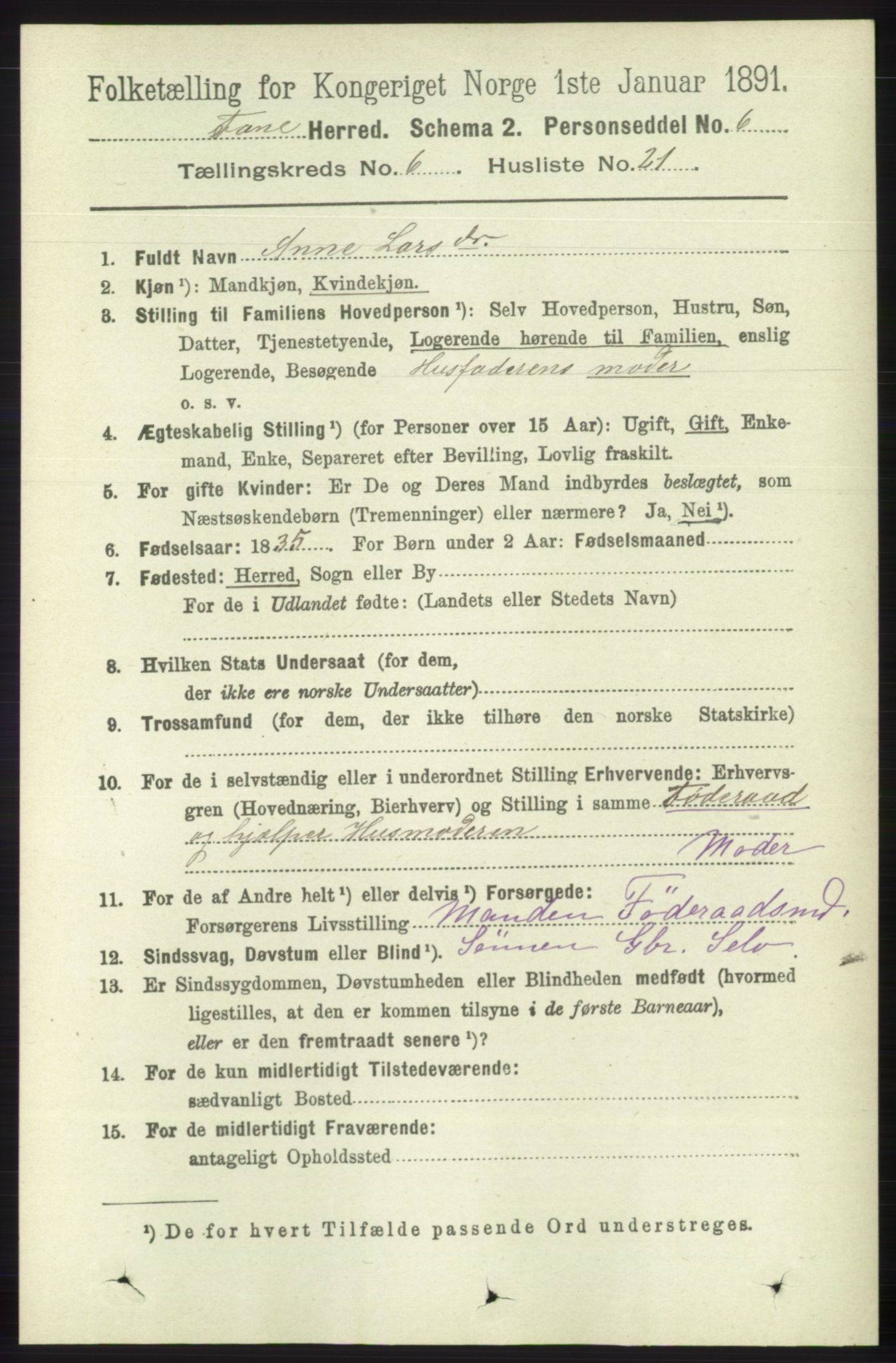 RA, 1891 census for 1249 Fana, 1891, p. 2708