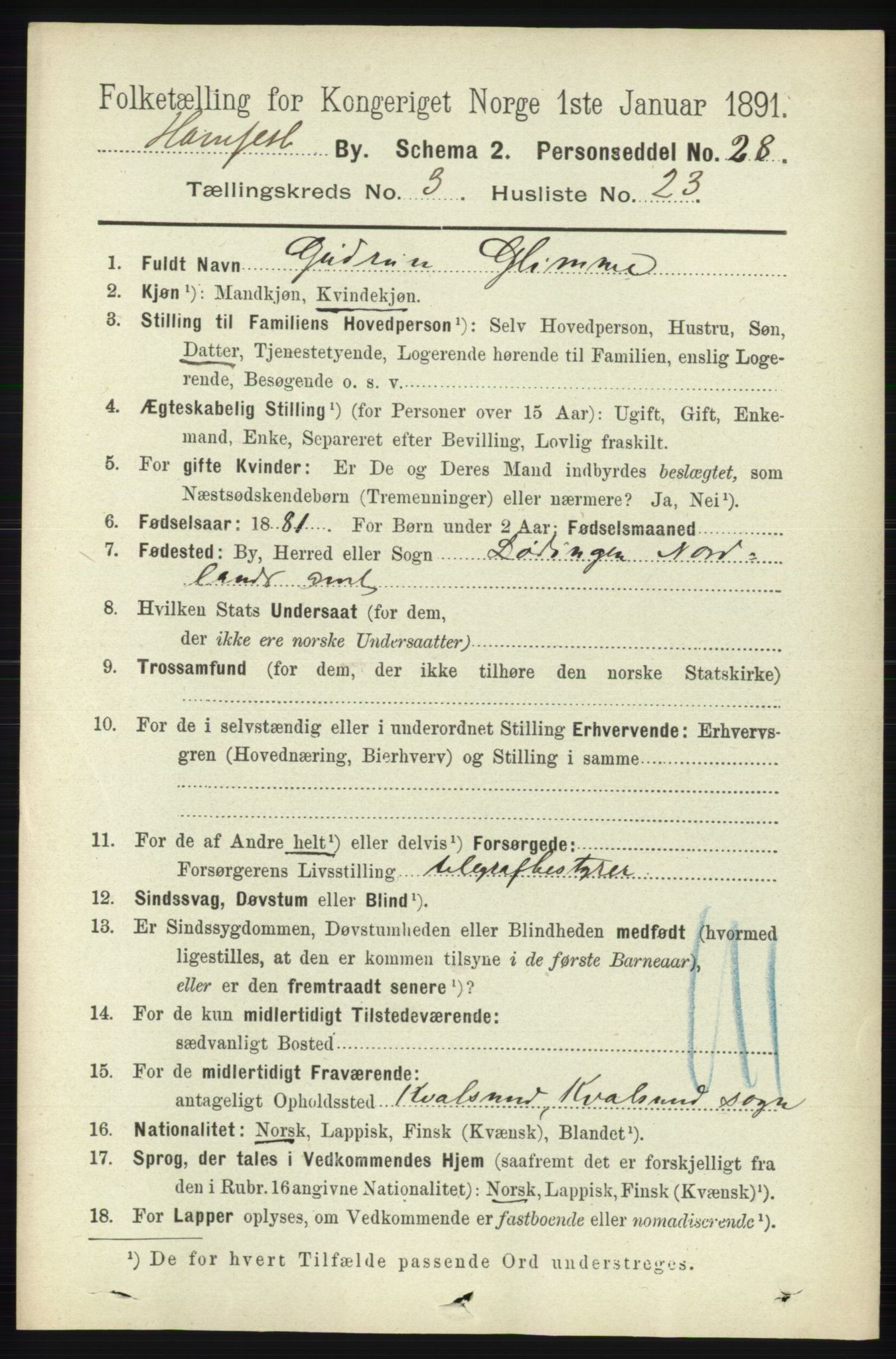 RA, 1891 census for 2001 Hammerfest, 1891, p. 850