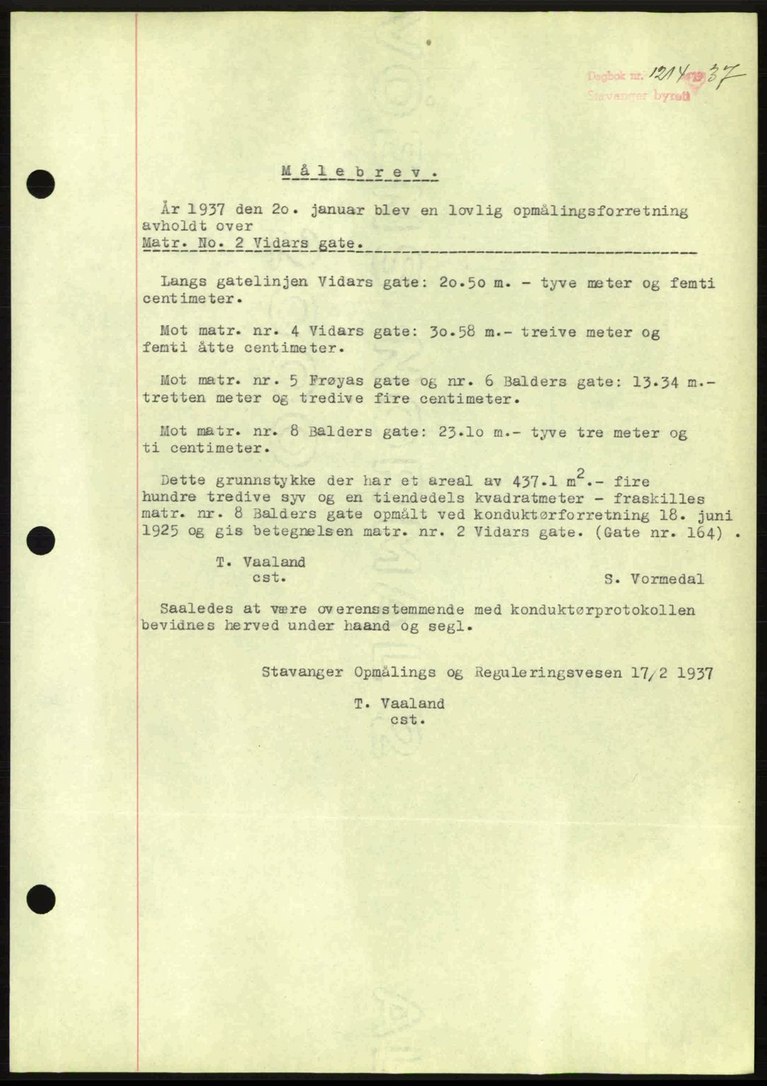 Stavanger byrett, SAST/A-100455/002/G/Gb/L0012: Mortgage book no. A2, 1936-1937, Diary no: : 1214/1937