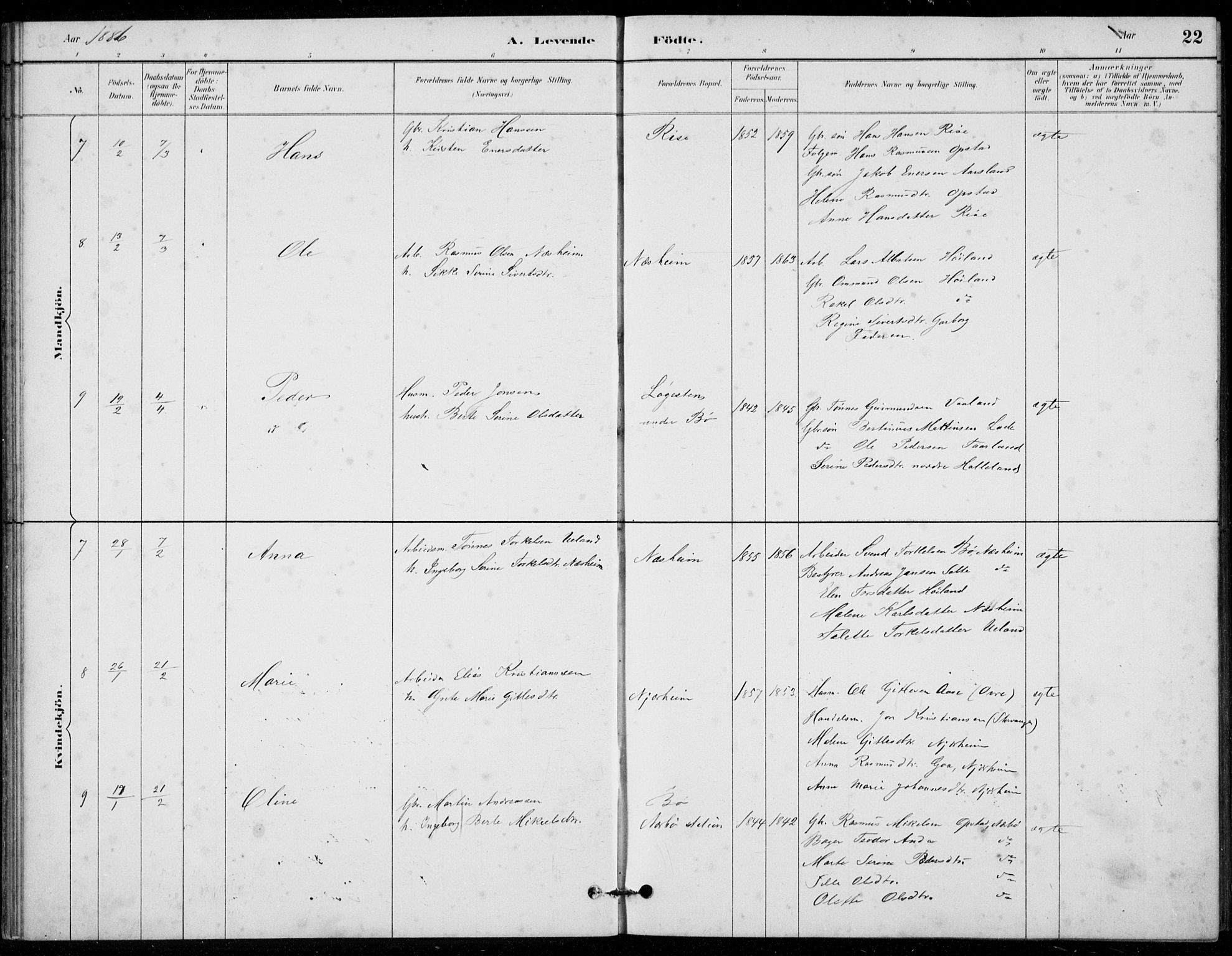 Hå sokneprestkontor, AV/SAST-A-101801/001/30BB/L0003: Parish register (copy) no. B 3, 1883-1894, p. 22