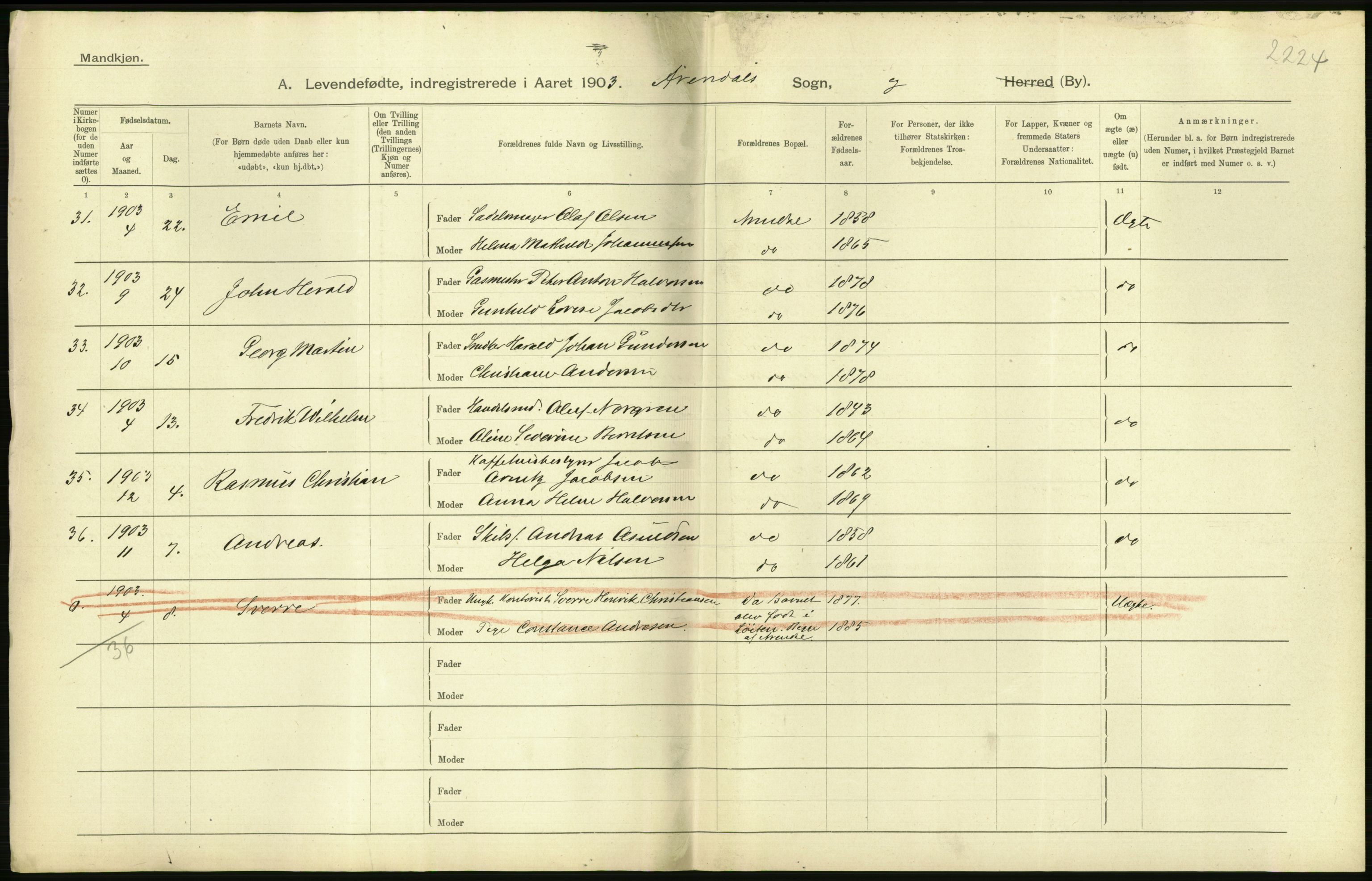 Statistisk sentralbyrå, Sosiodemografiske emner, Befolkning, AV/RA-S-2228/D/Df/Dfa/Dfaa/L0010: Nedenes amt: Fødte, gifte, døde, 1903, p. 256