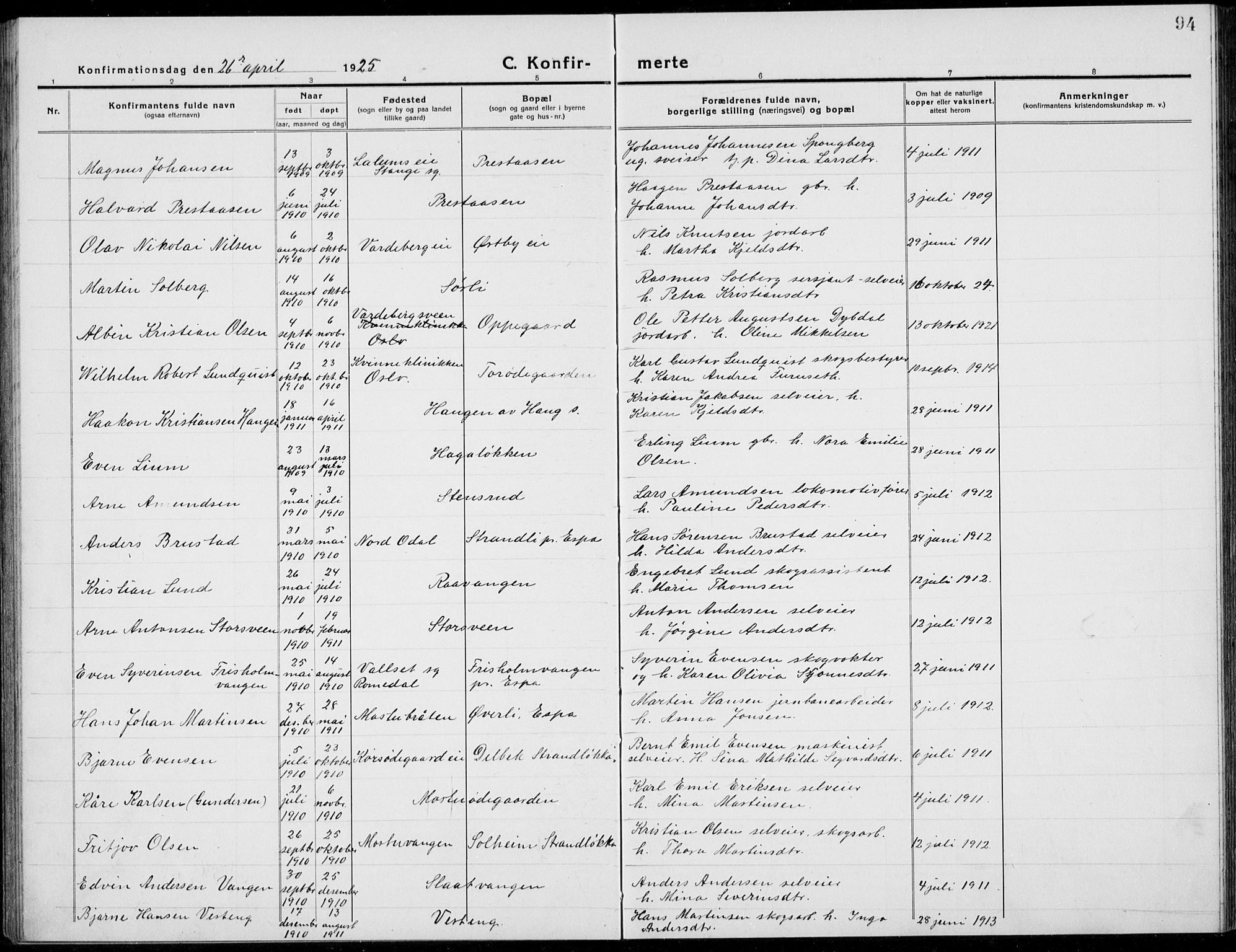 Stange prestekontor, AV/SAH-PREST-002/L/L0017: Parish register (copy) no. 17, 1918-1936, p. 94