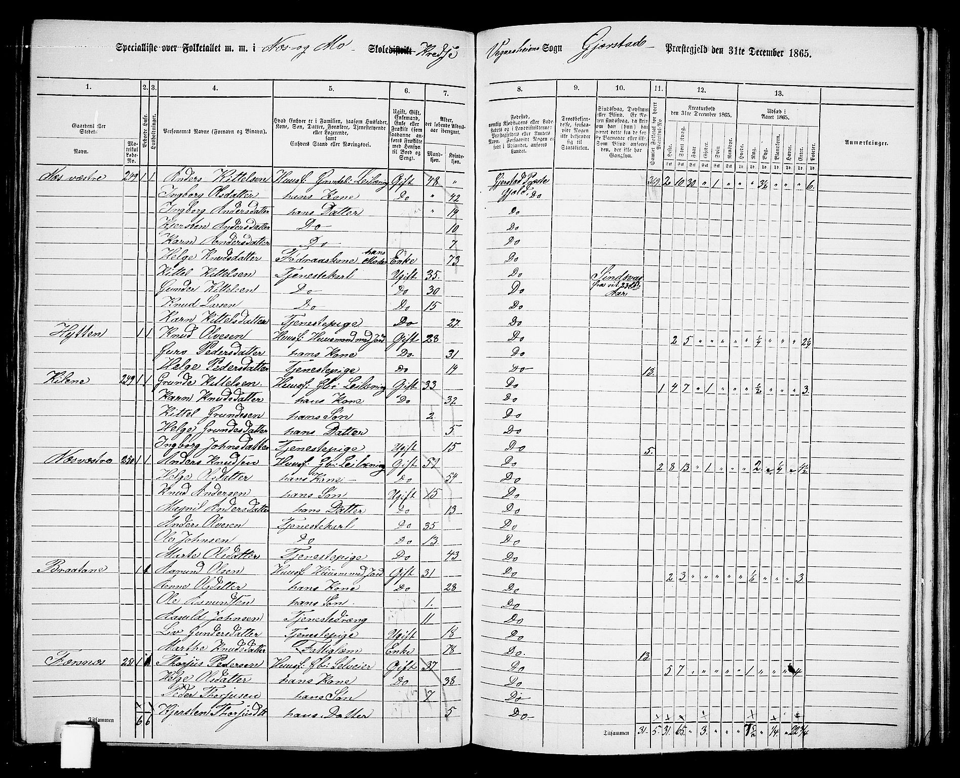 RA, 1865 census for Gjerstad, 1865, p. 148