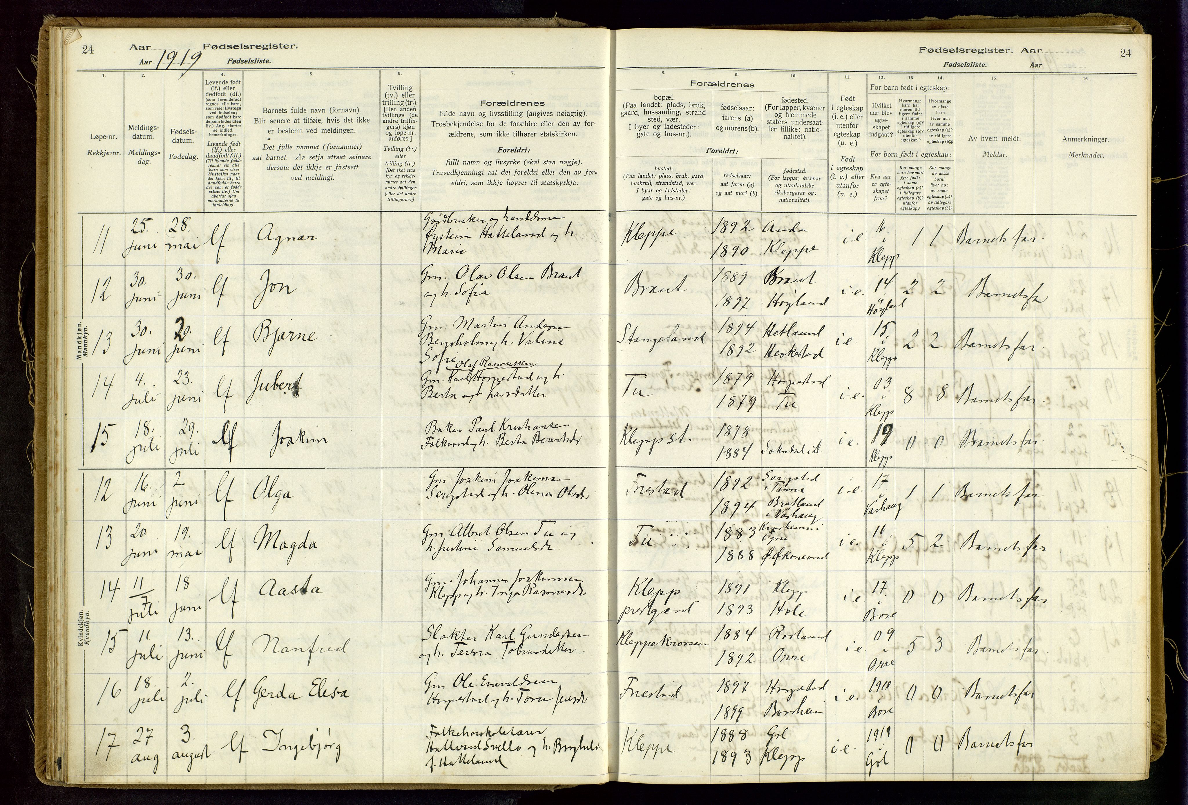 Klepp sokneprestkontor, AV/SAST-A-101803/001/704BAA/L0001: Birth register no. 1, 1916-1948, p. 24