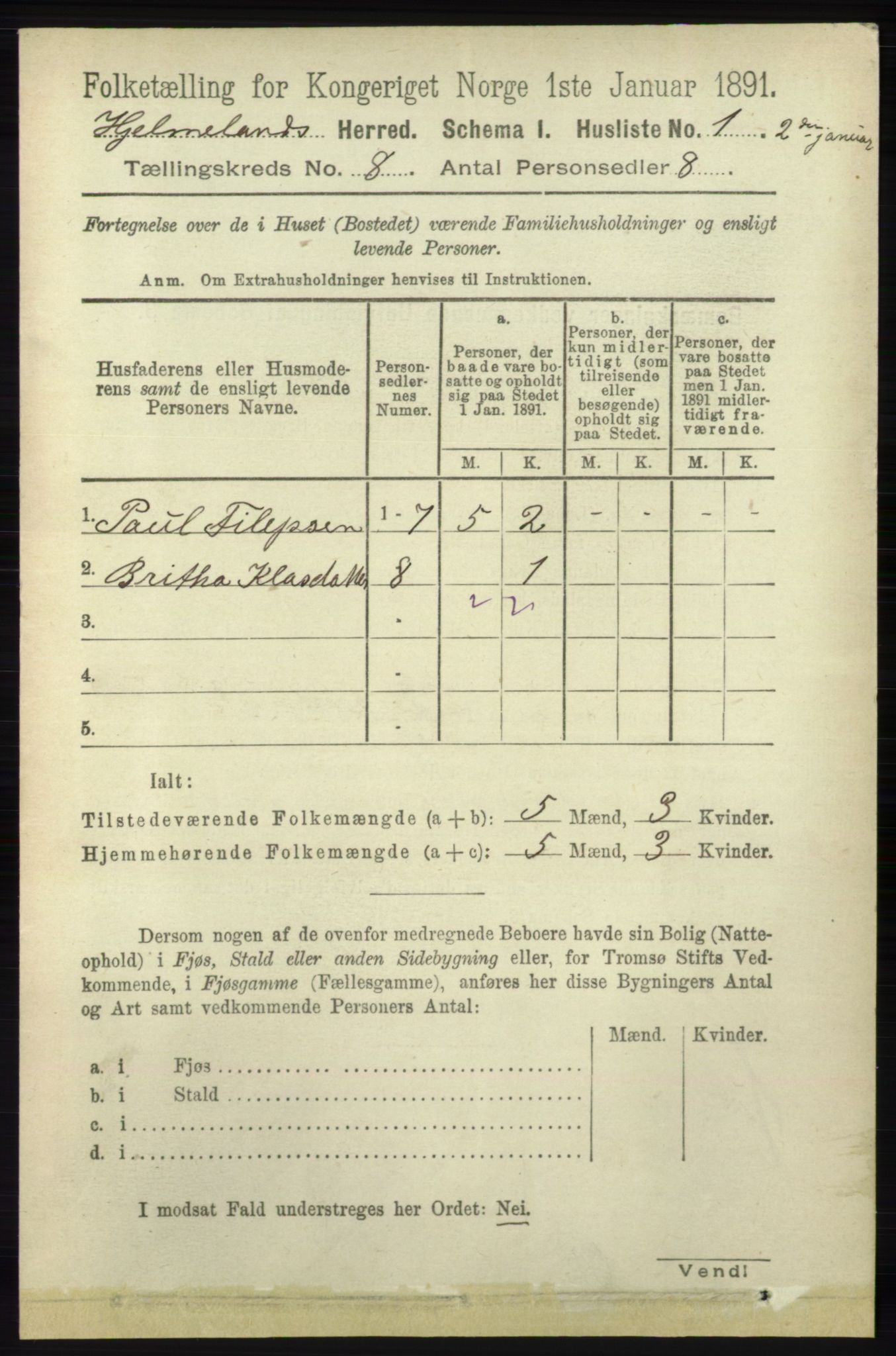 RA, 1891 census for 1133 Hjelmeland, 1891, p. 2411