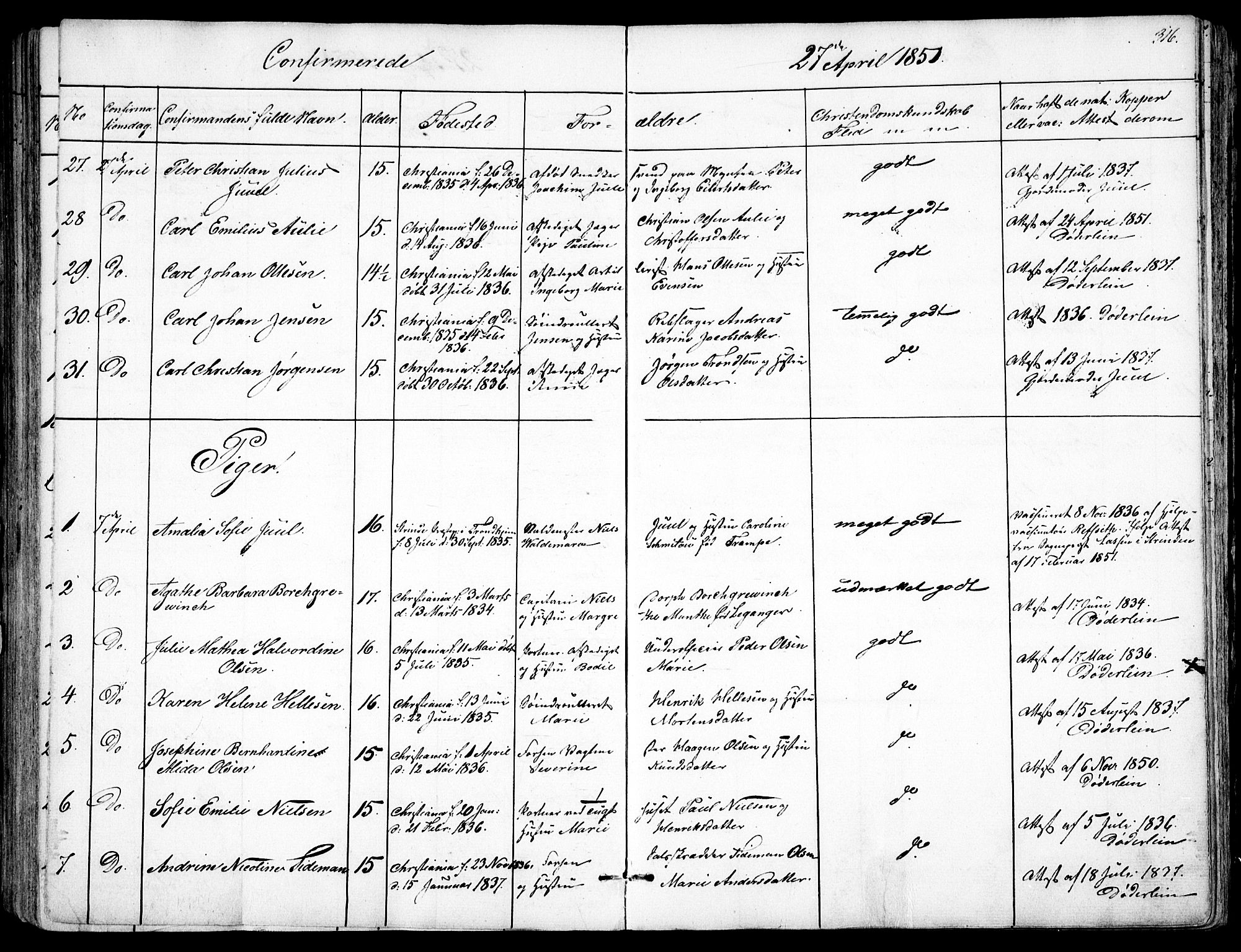 Garnisonsmenigheten Kirkebøker, AV/SAO-A-10846/F/Fa/L0008: Parish register (official) no. 8, 1842-1859, p. 316