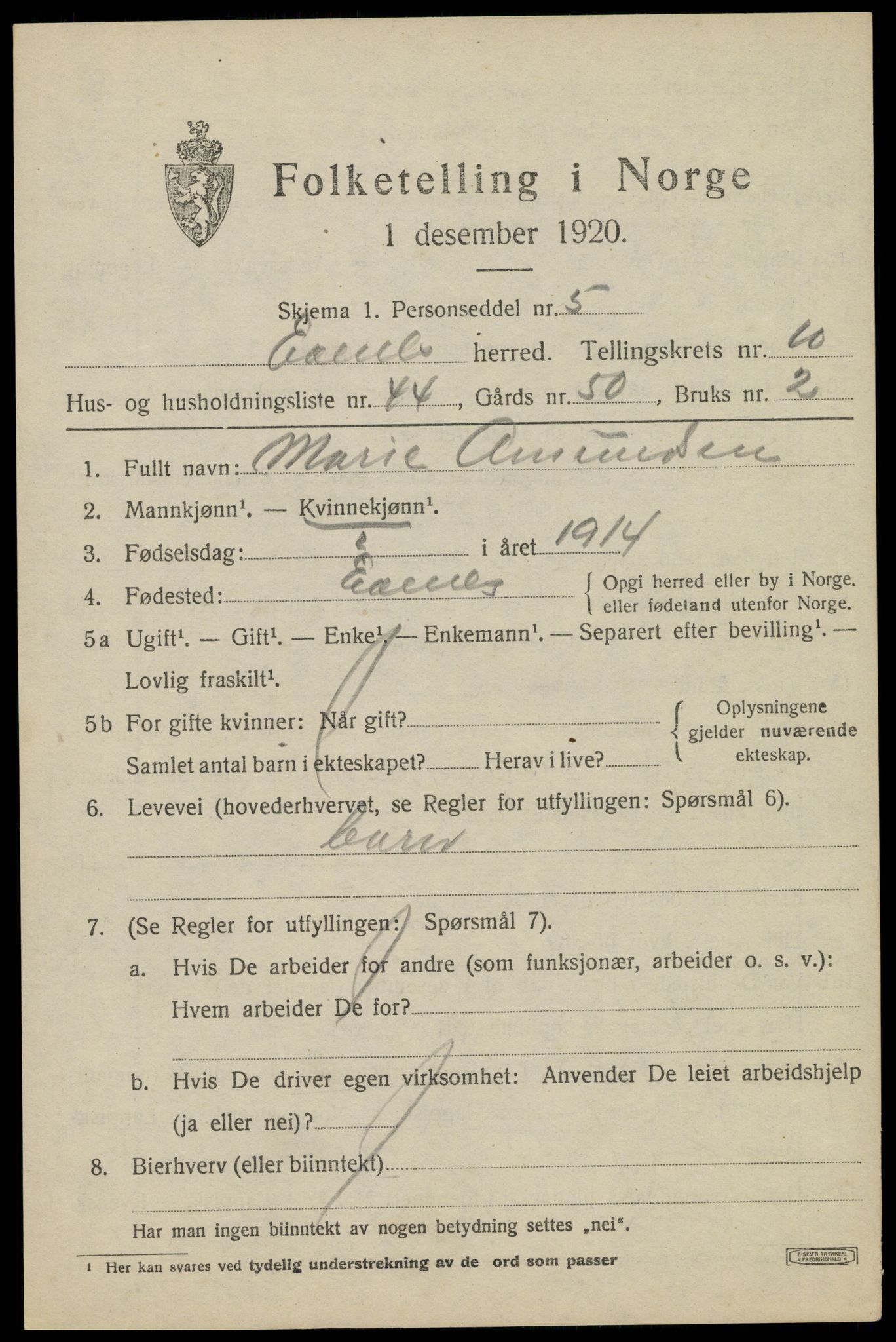 SAT, 1920 census for Evenes, 1920, p. 10580