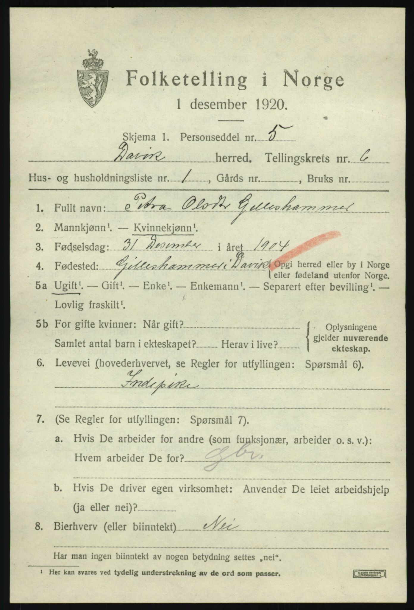 SAB, 1920 census for Davik, 1920, p. 3339