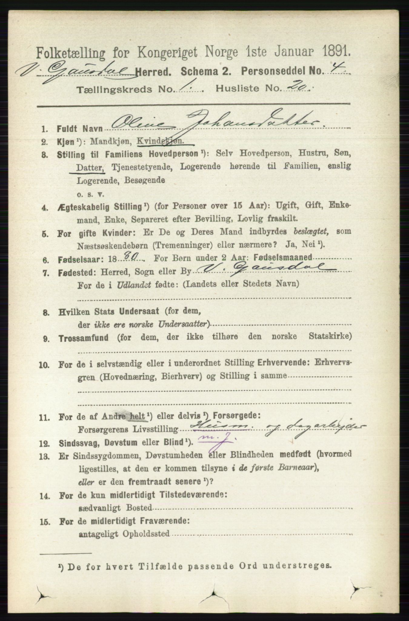 RA, 1891 census for 0523 Vestre Gausdal, 1891, p. 169