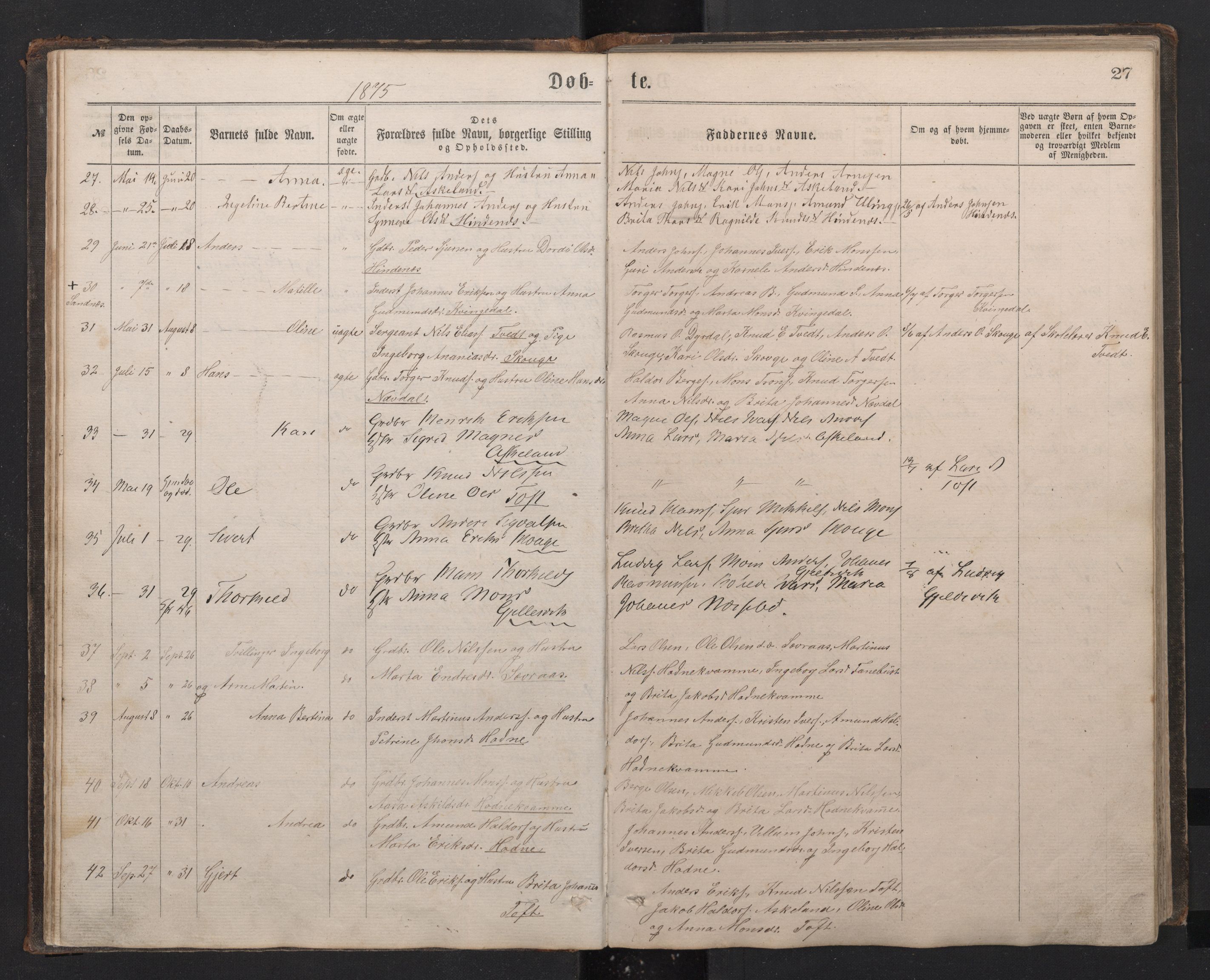 Lindås Sokneprestembete, SAB/A-76701/H/Hab: Parish register (copy) no. E 2, 1867-1892, p. 26b-27a