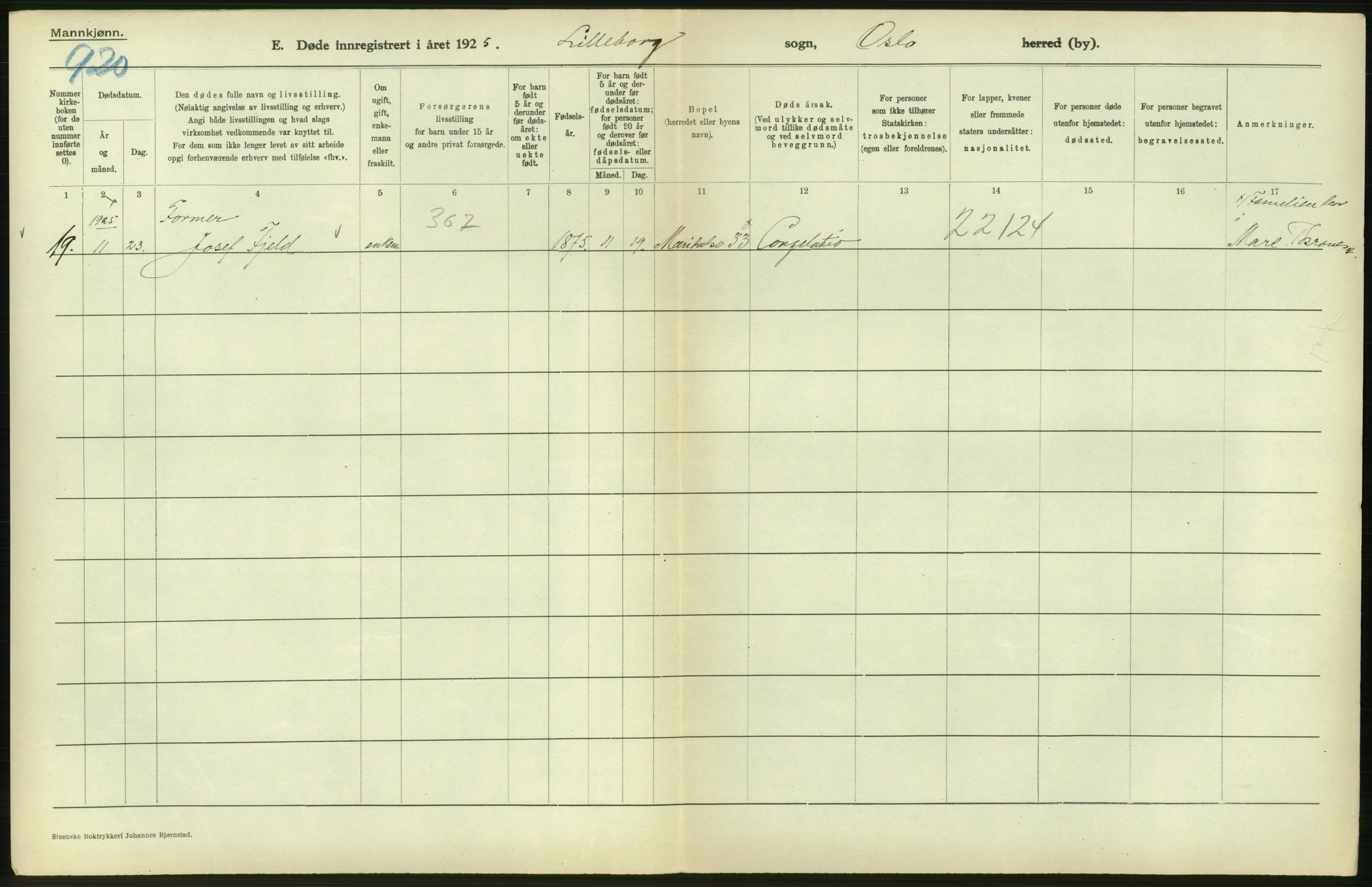 Statistisk sentralbyrå, Sosiodemografiske emner, Befolkning, AV/RA-S-2228/D/Df/Dfc/Dfce/L0009: Oslo: Døde menn, 1925, p. 390