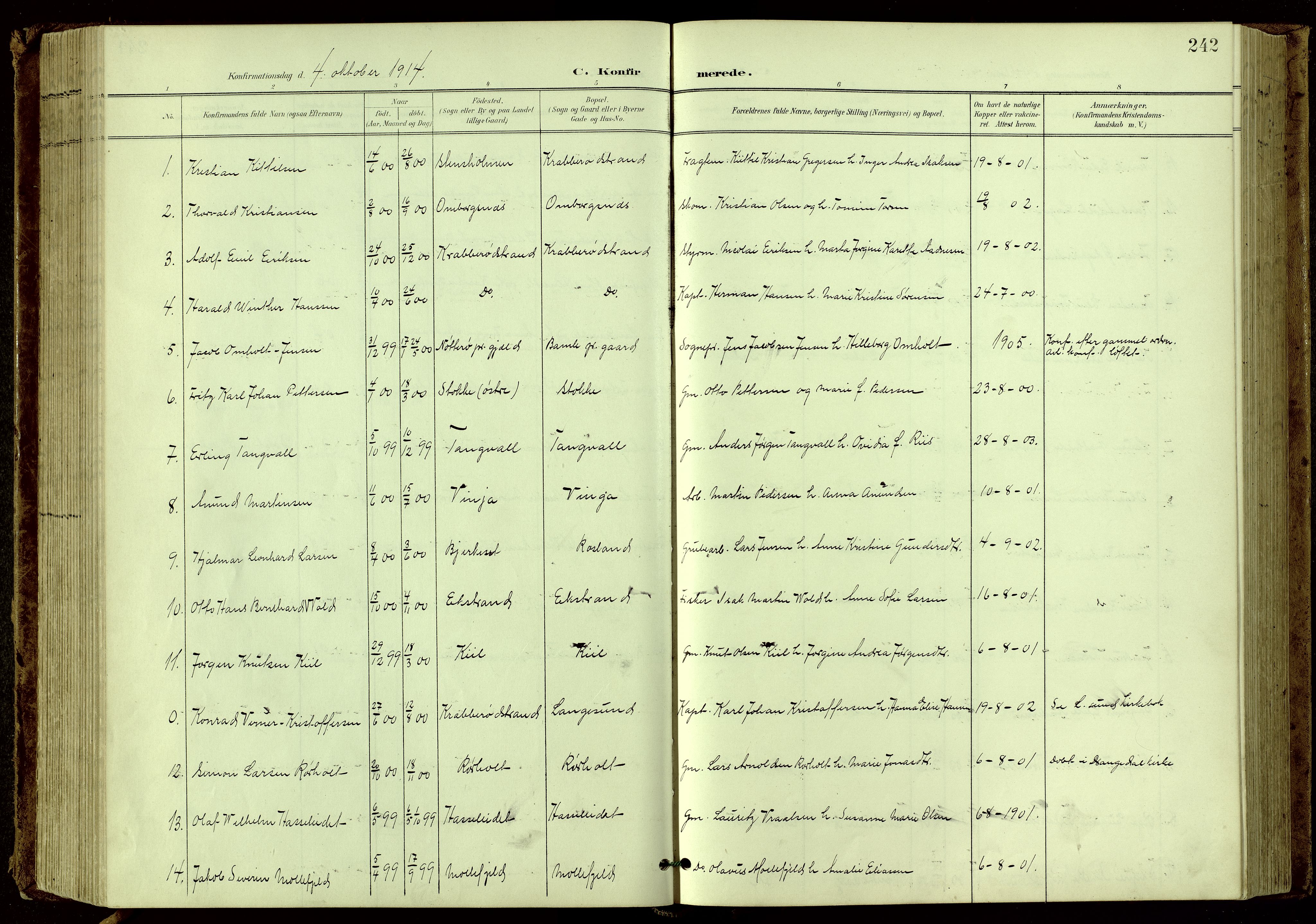Bamble kirkebøker, SAKO/A-253/G/Ga/L0010: Parish register (copy) no. I 10, 1901-1919, p. 242