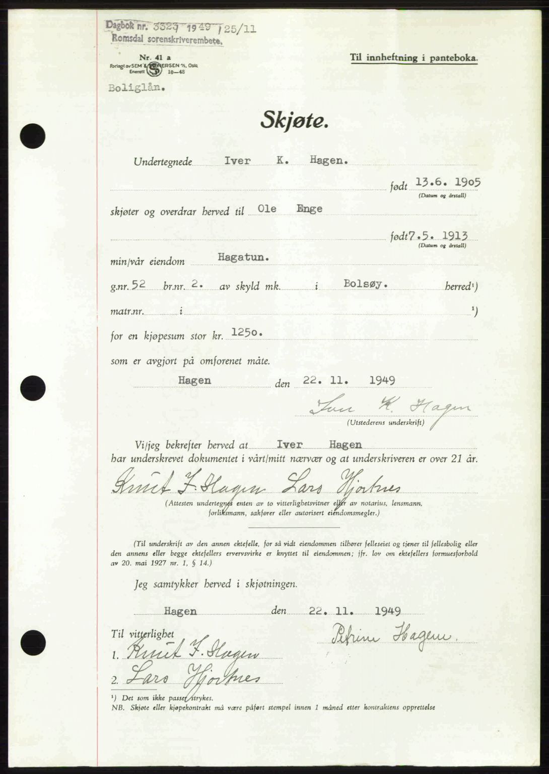 Romsdal sorenskriveri, AV/SAT-A-4149/1/2/2C: Mortgage book no. A31, 1949-1949, Diary no: : 3323/1949