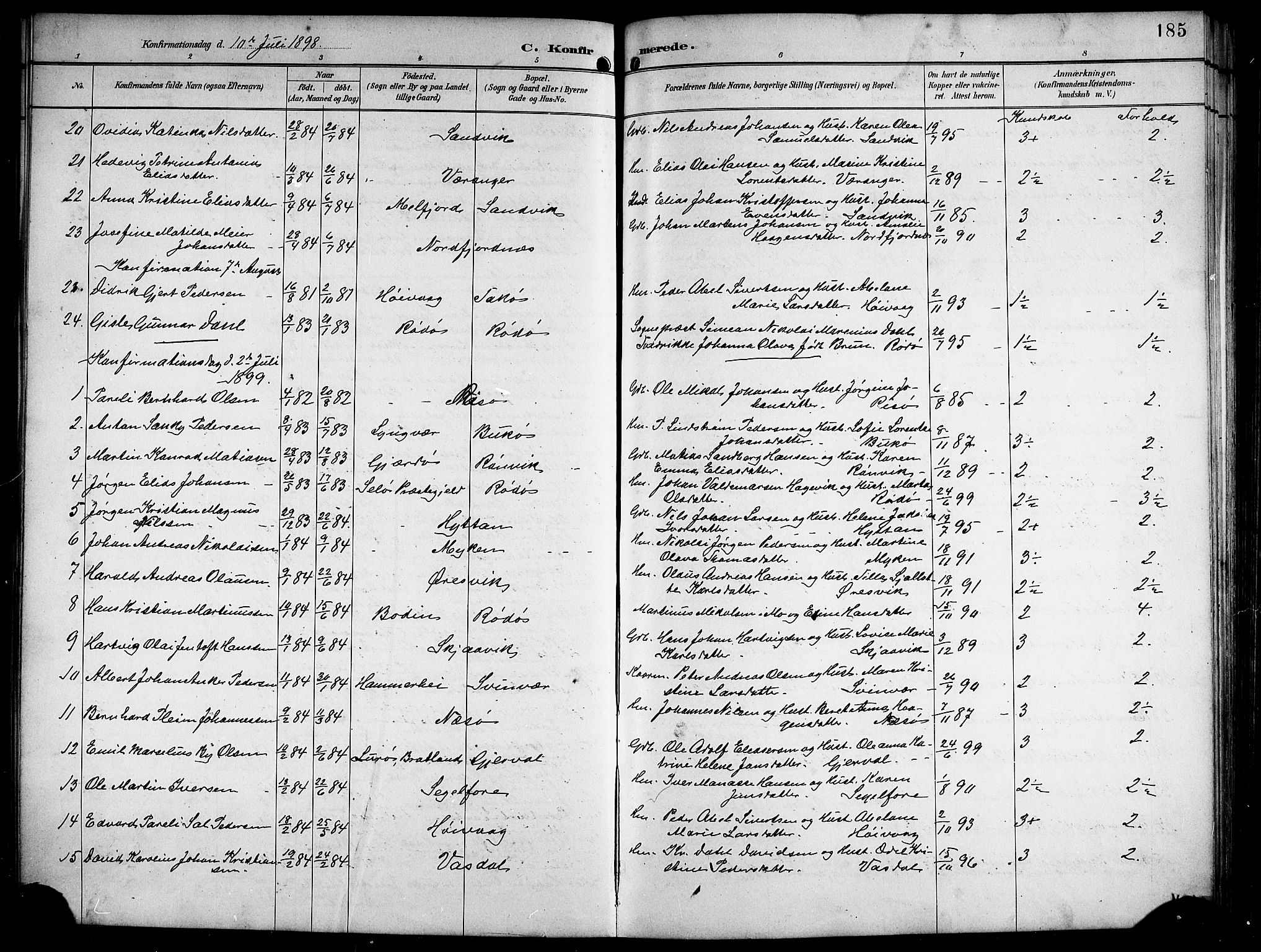 Ministerialprotokoller, klokkerbøker og fødselsregistre - Nordland, SAT/A-1459/841/L0621: Parish register (copy) no. 841C05, 1897-1923, p. 185