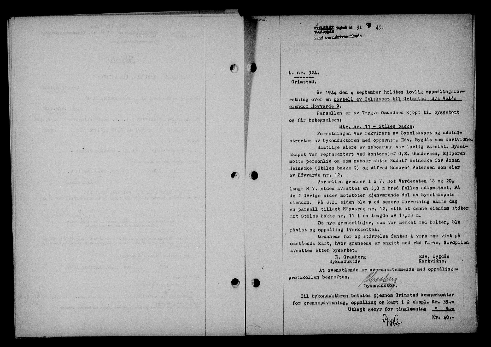 Vestre Nedenes/Sand sorenskriveri, SAK/1221-0010/G/Gb/Gba/L0053: Mortgage book no. A 6, 1944-1945, Diary no: : 31/1945