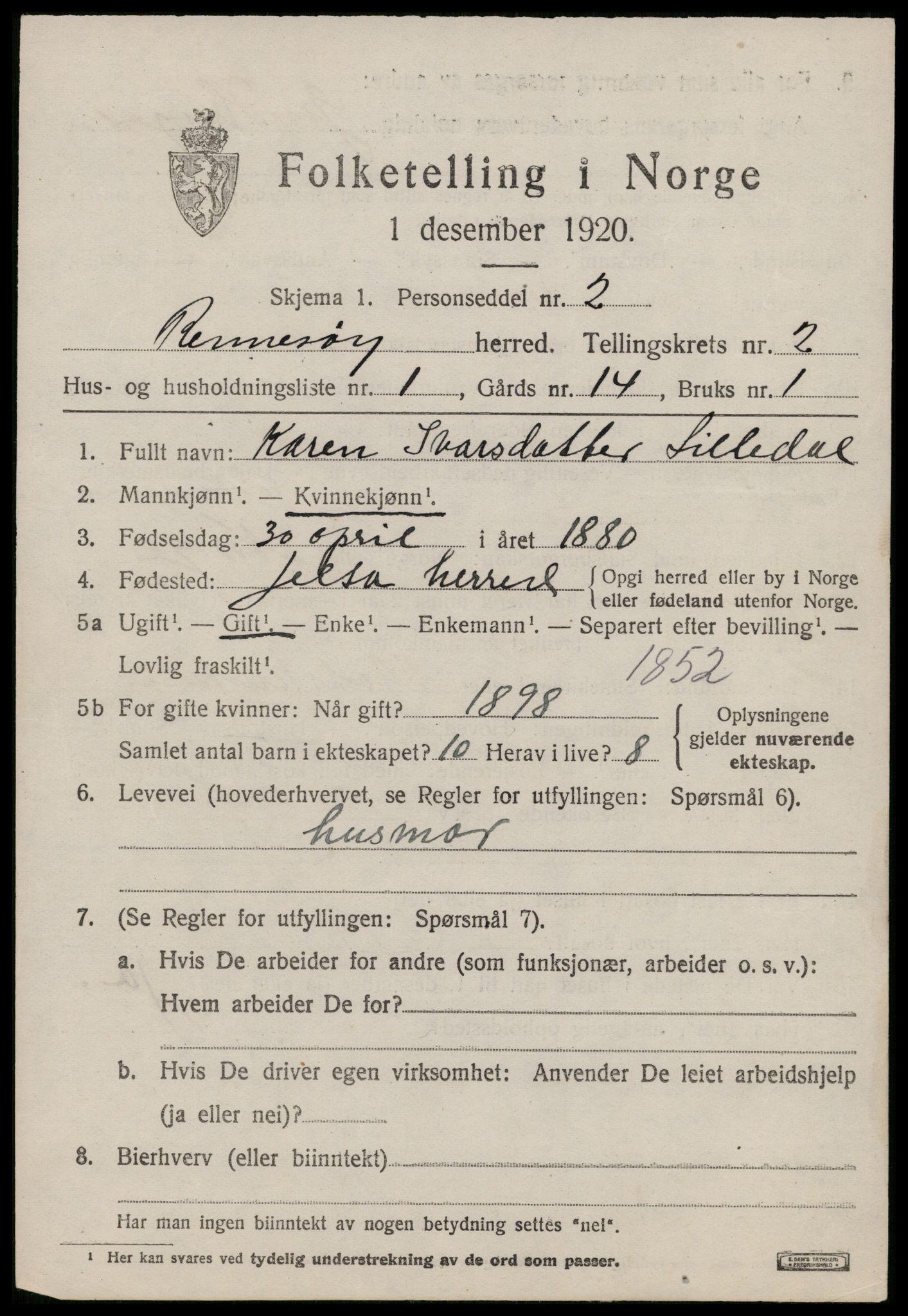 SAST, 1920 census for Rennesøy, 1920, p. 1020