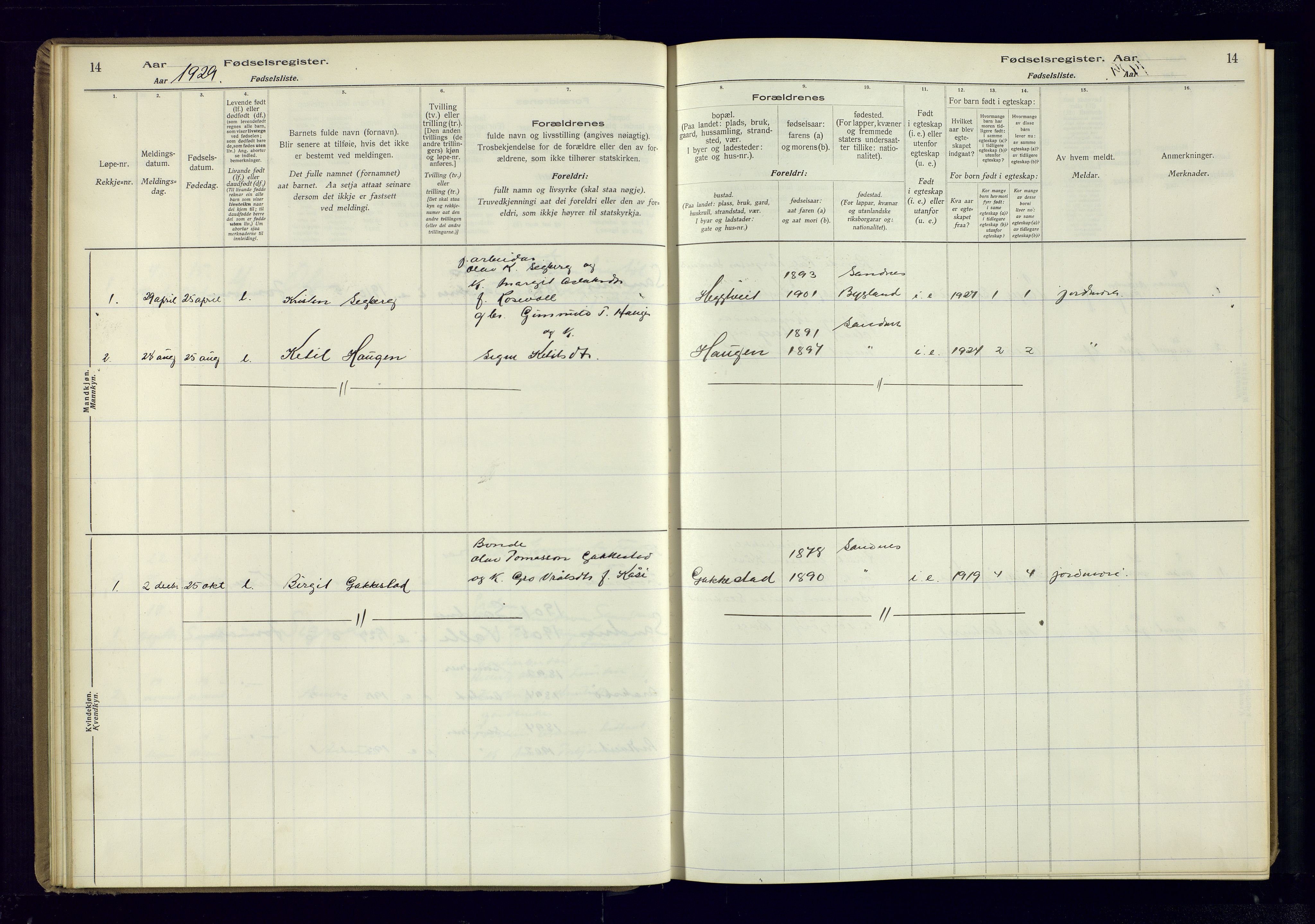 Bygland sokneprestkontor, AV/SAK-1111-0006/J/Ja/L0003: Birth register no. II.4.4, 1916-1980, p. 14