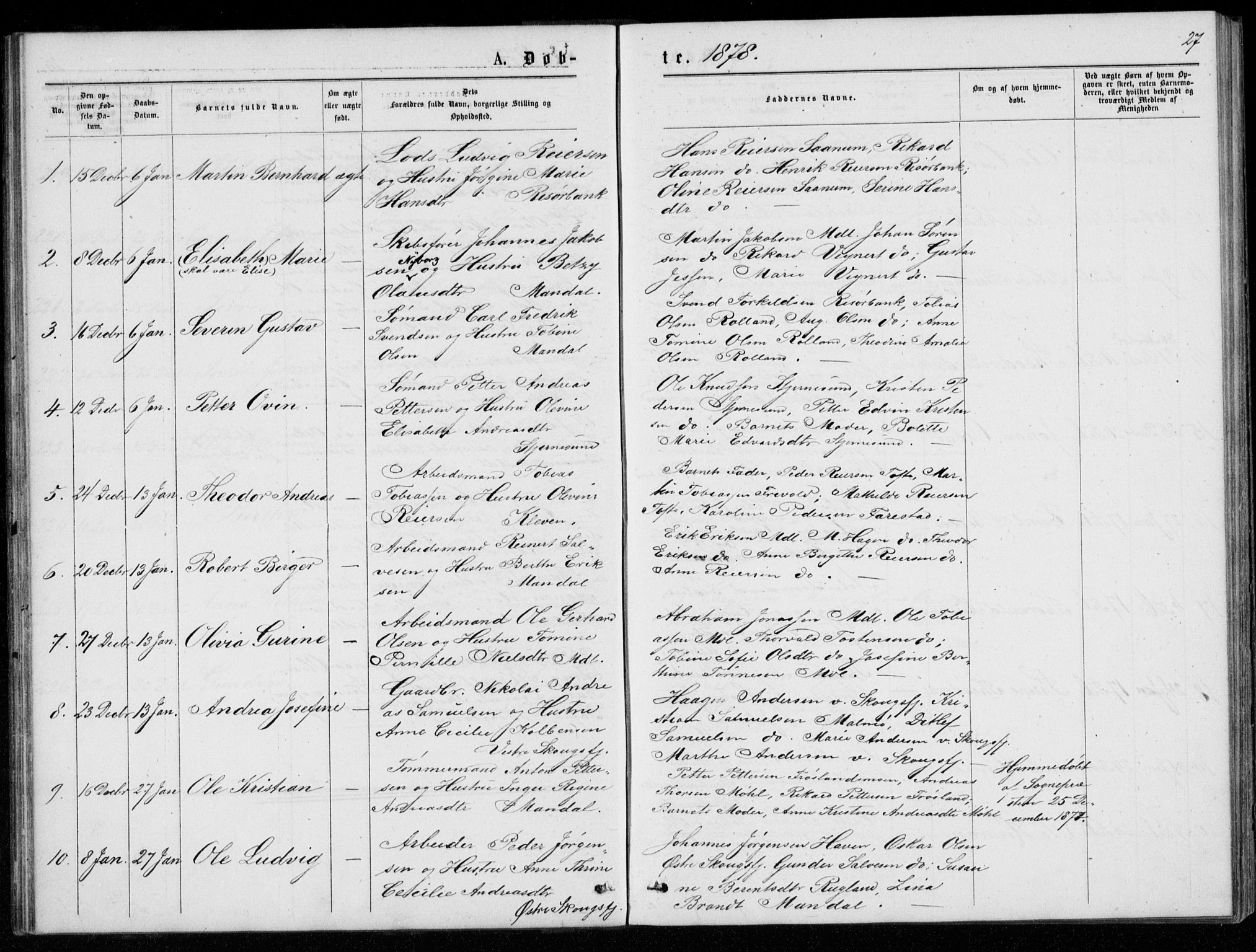 Mandal sokneprestkontor, SAK/1111-0030/F/Fb/Fba/L0010: Parish register (copy) no. B 4, 1876-1880, p. 27